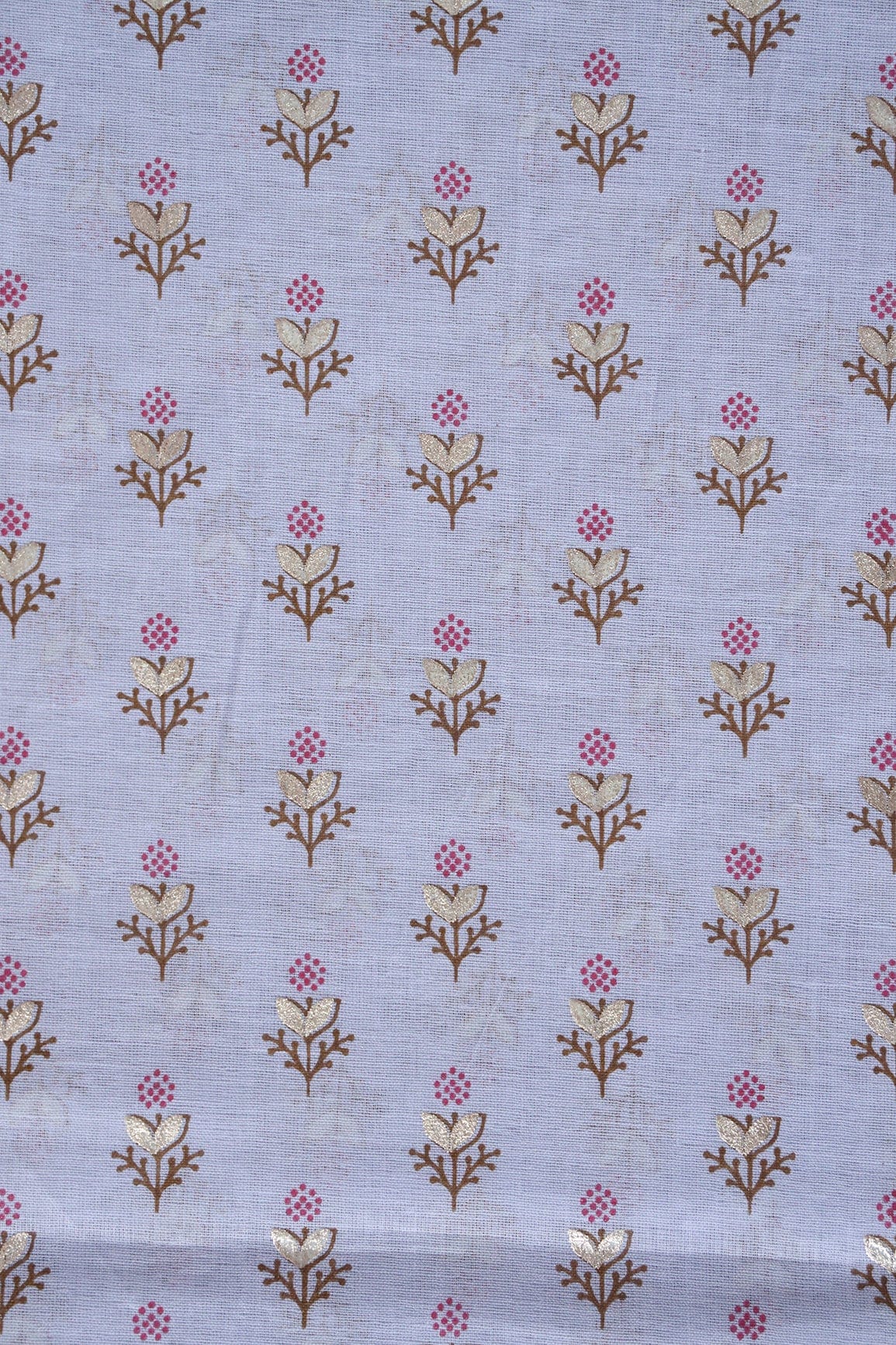 doeraa Prints Dark Pink And Brown Small Floral Booti Foil Print On Pastel Blue Organic Cotton Fabric