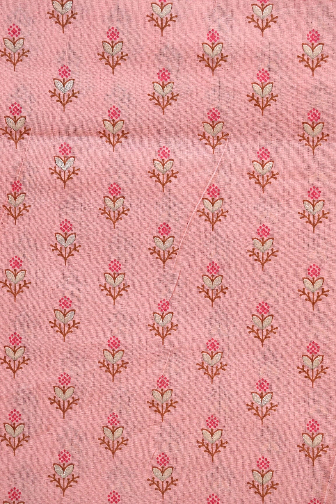 doeraa Prints Dark Pink And Brown Small Floral Booti Foil Print On Pink Organic Cotton Fabric
