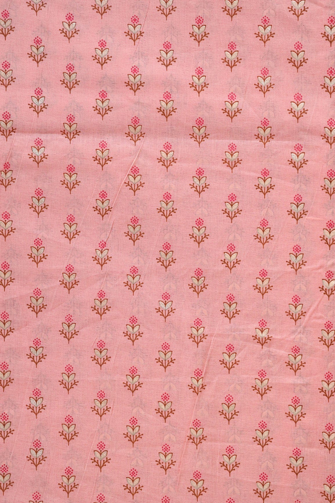 doeraa Prints Dark Pink And Brown Small Floral Booti Foil Print On Pink Organic Cotton Fabric