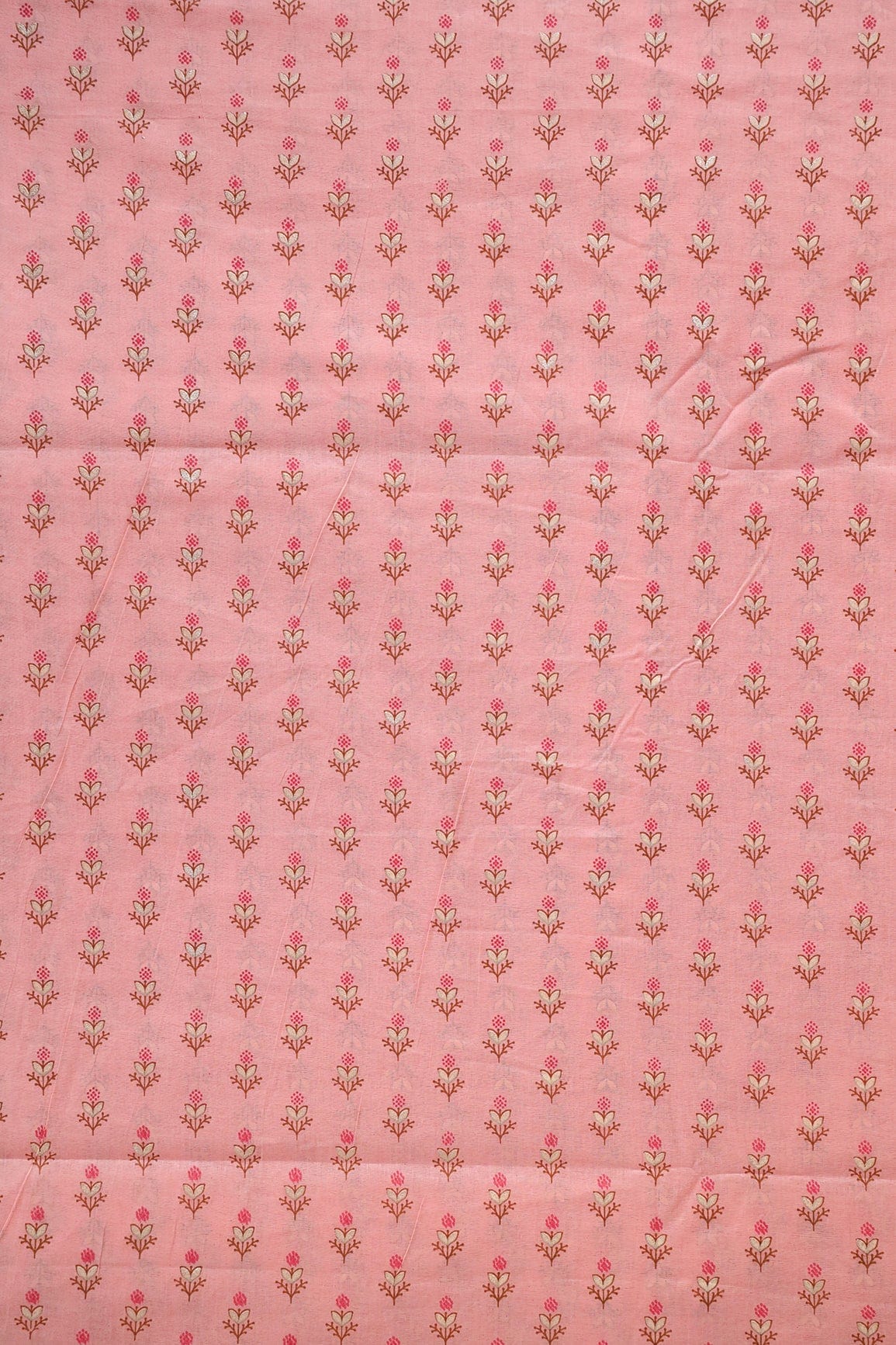 doeraa Prints Dark Pink And Brown Small Floral Booti Foil Print On Pink Organic Cotton Fabric