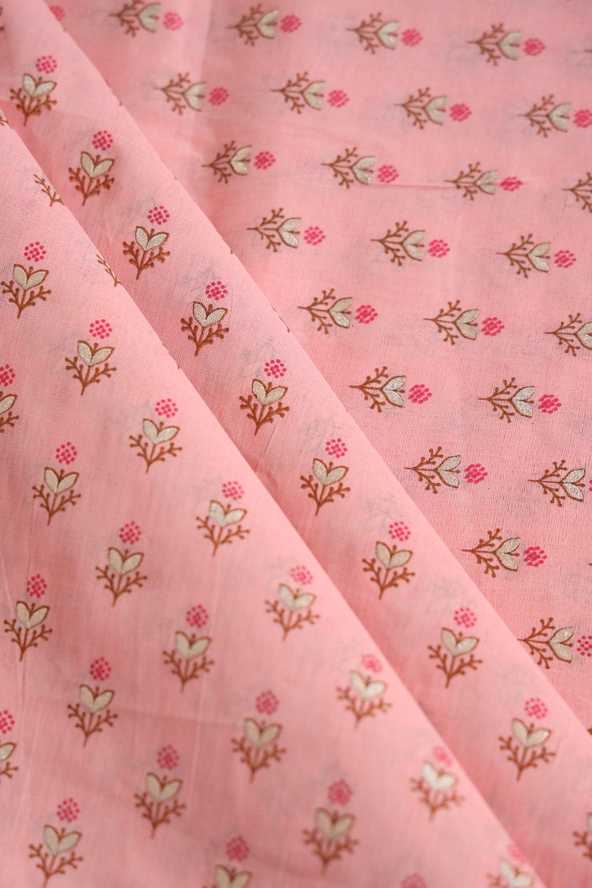 doeraa Prints Dark Pink And Brown Small Floral Booti Foil Print On Pink Organic Cotton Fabric