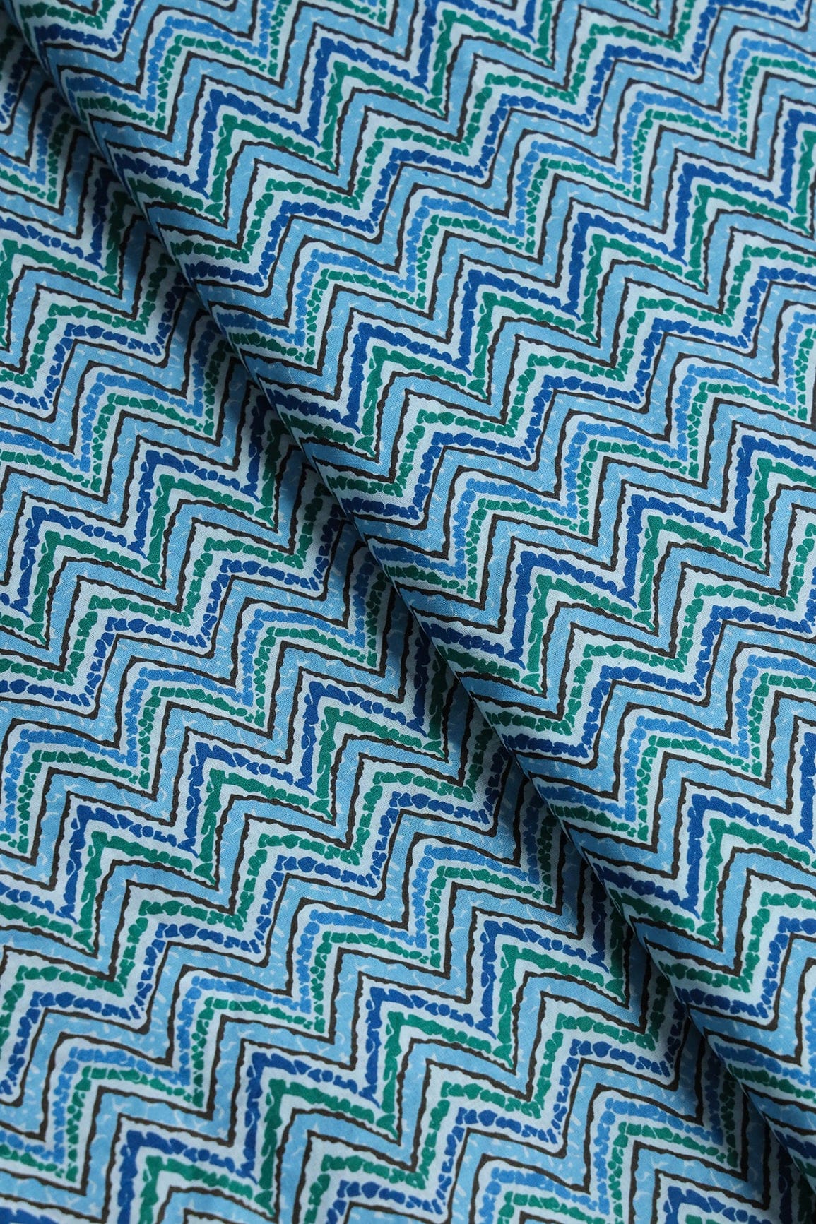 doeraa Prints Green And Carolina Blue Chevron Print On Pure Mul Cotton Fabric
