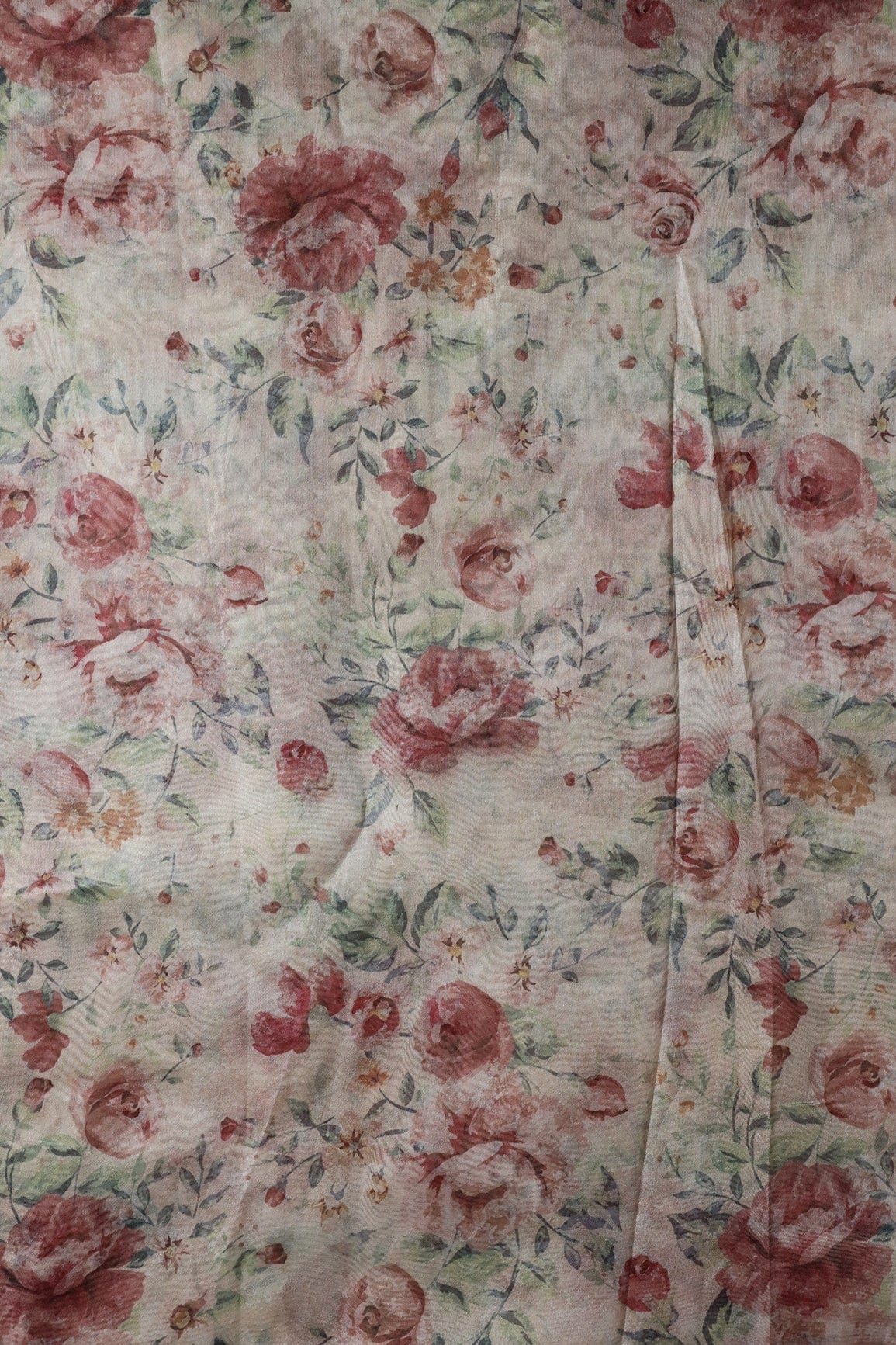 doeraa Prints Maroon Beautiful Floral Digital Print On Cream Organza Fabric