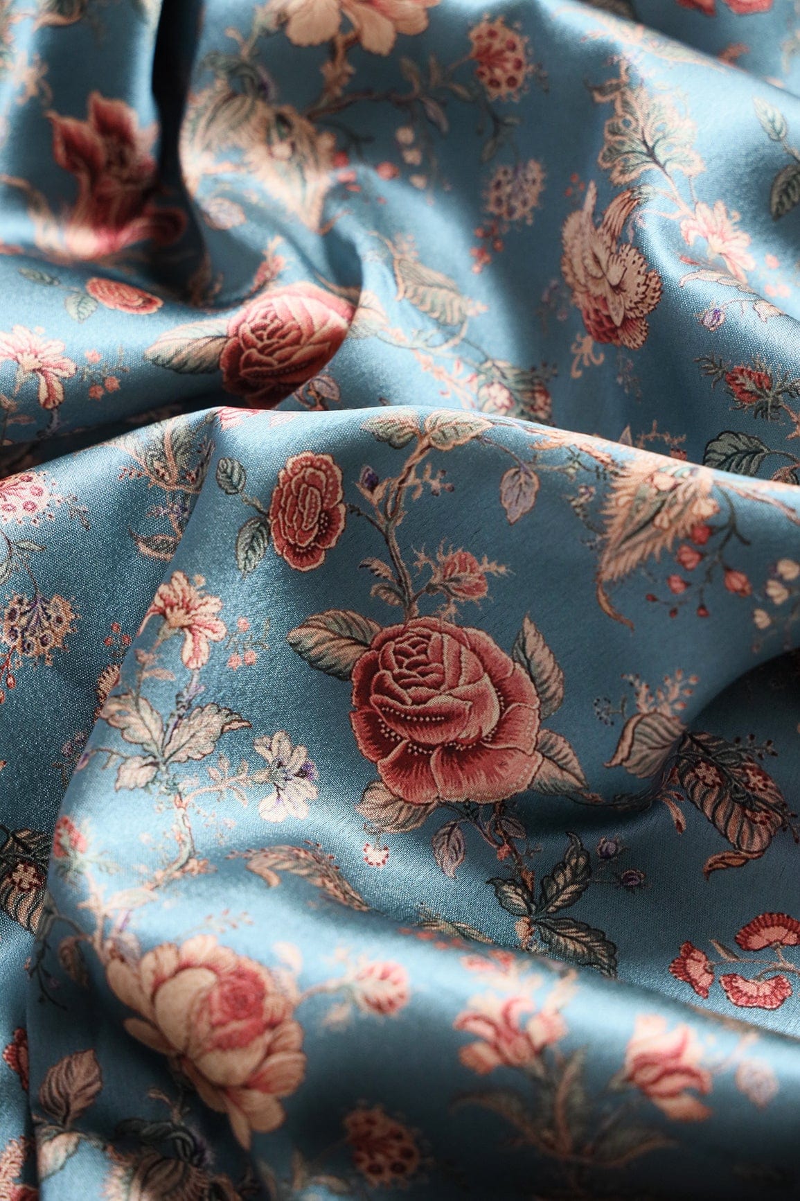 Multi Color Floral Pattern Digital Print On Air Force Blue Satin Fabri