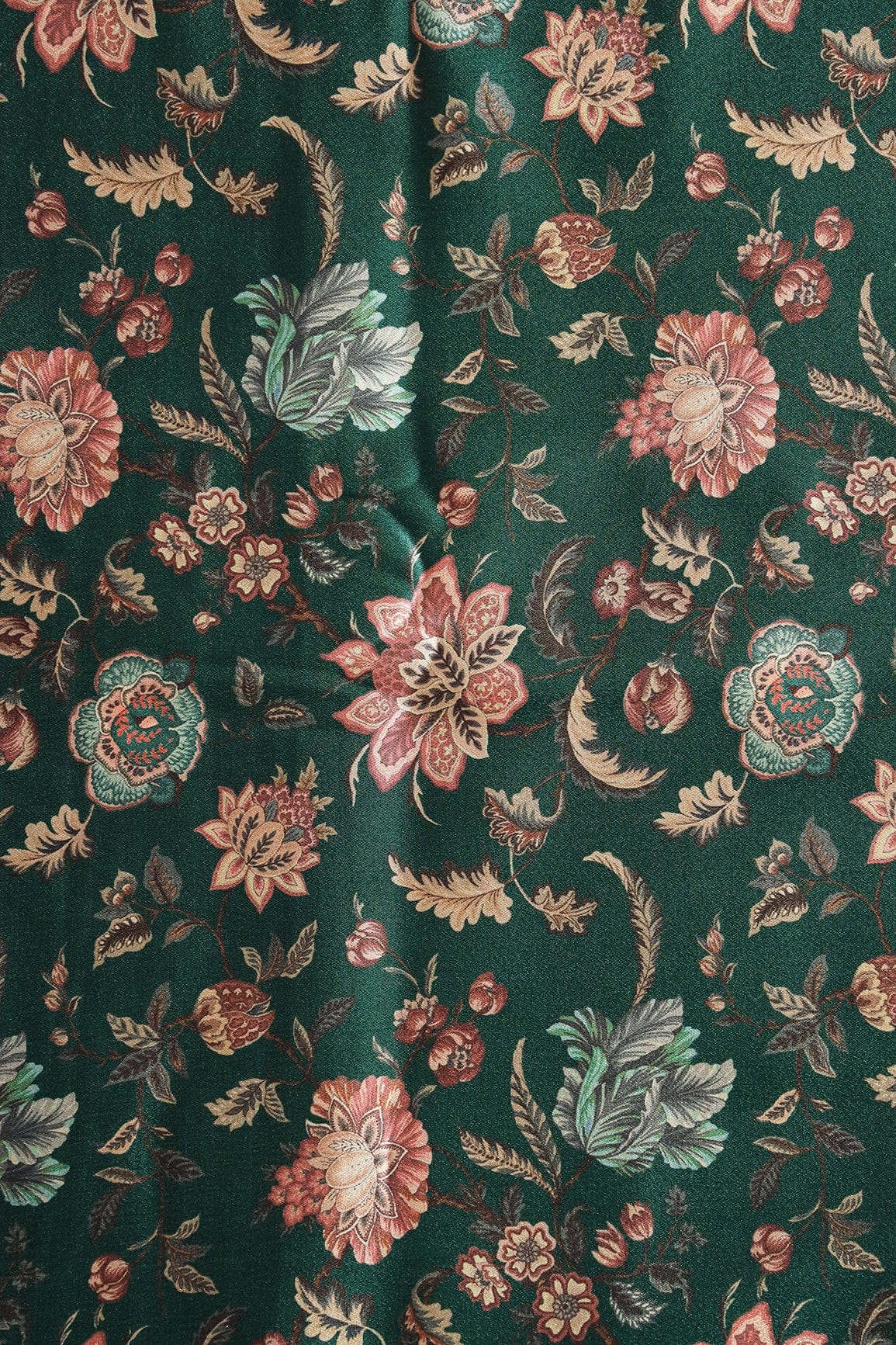 doeraa Prints Multi Color Floral Pattern Digital Print On Bottle Green Satin Fabric