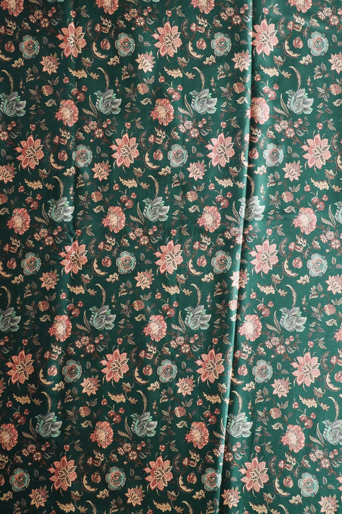 doeraa Prints Multi Color Floral Pattern Digital Print On Bottle Green Satin Fabric