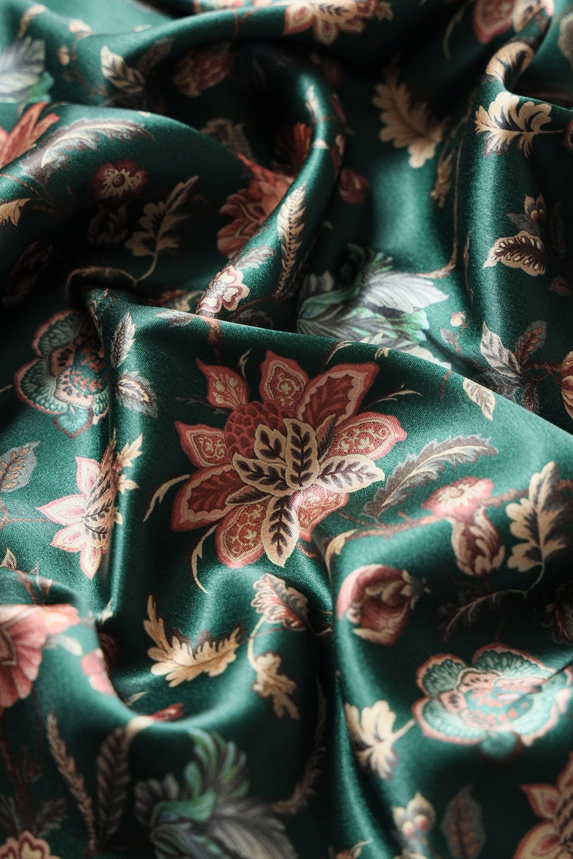 doeraa Prints Multi Color Floral Pattern Digital Print On Bottle Green Satin Fabric