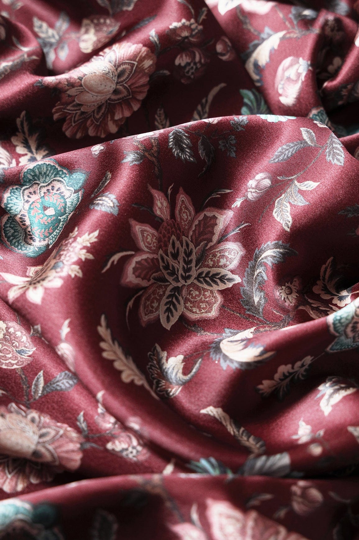 doeraa Prints Multi Color Floral Pattern Digital Print On Maroon Satin Fabric