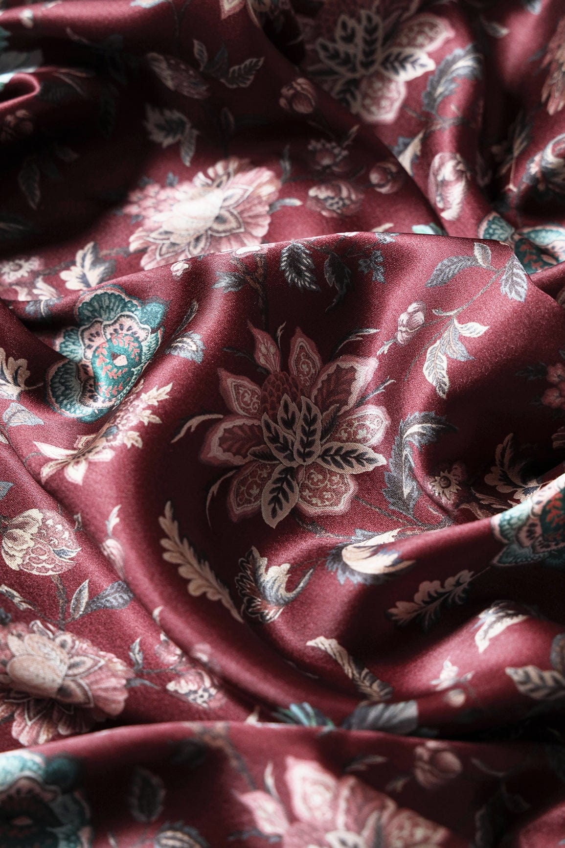 doeraa Prints Multi Color Floral Pattern Digital Print On Maroon Satin Fabric