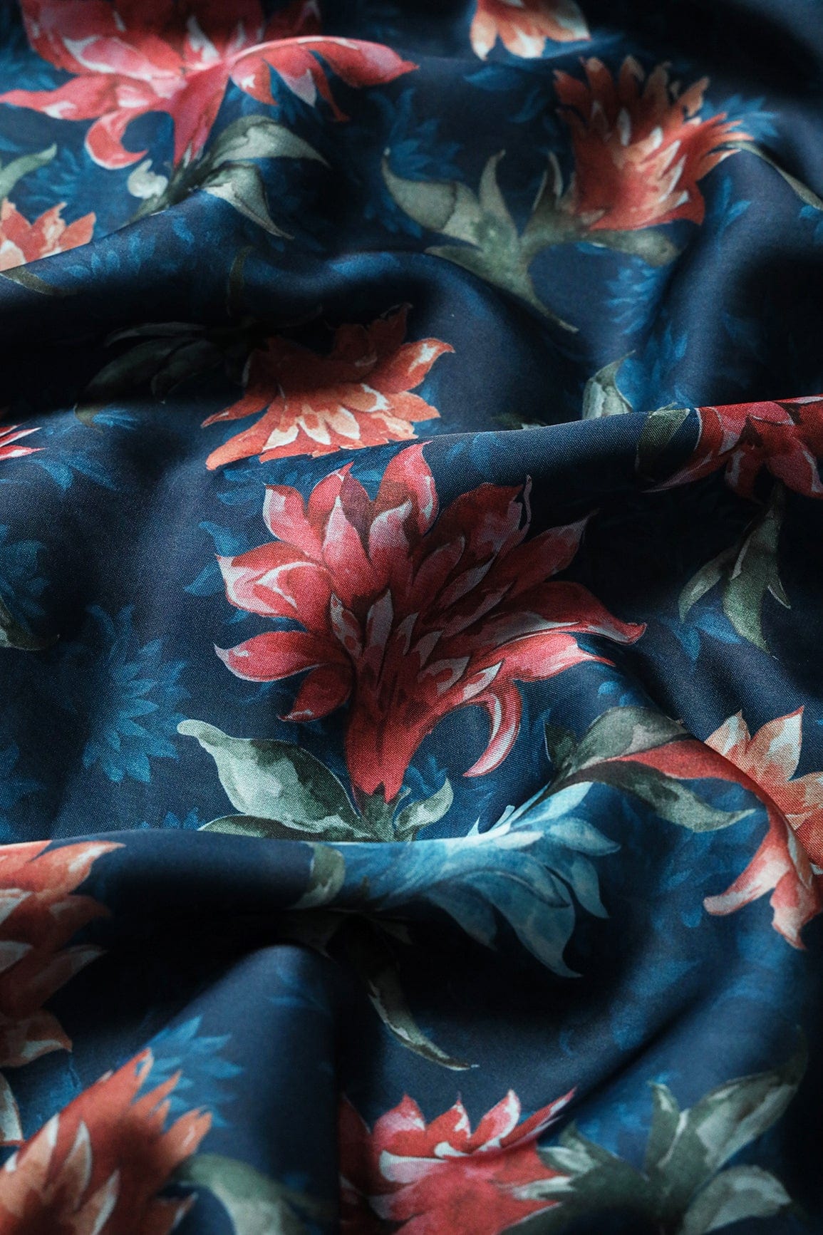 doeraa Prints Multi Color Floral Pattern Digital Print On Prussian Blue Color Georgette Satin Fabric