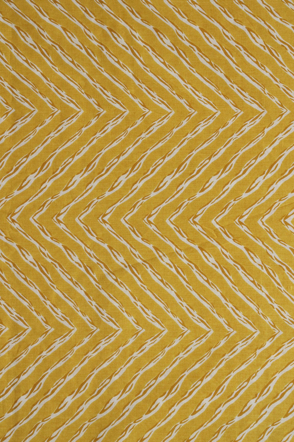 doeraa Prints Mustard And White Chevron Print On Pure Mul Cotton Fabric