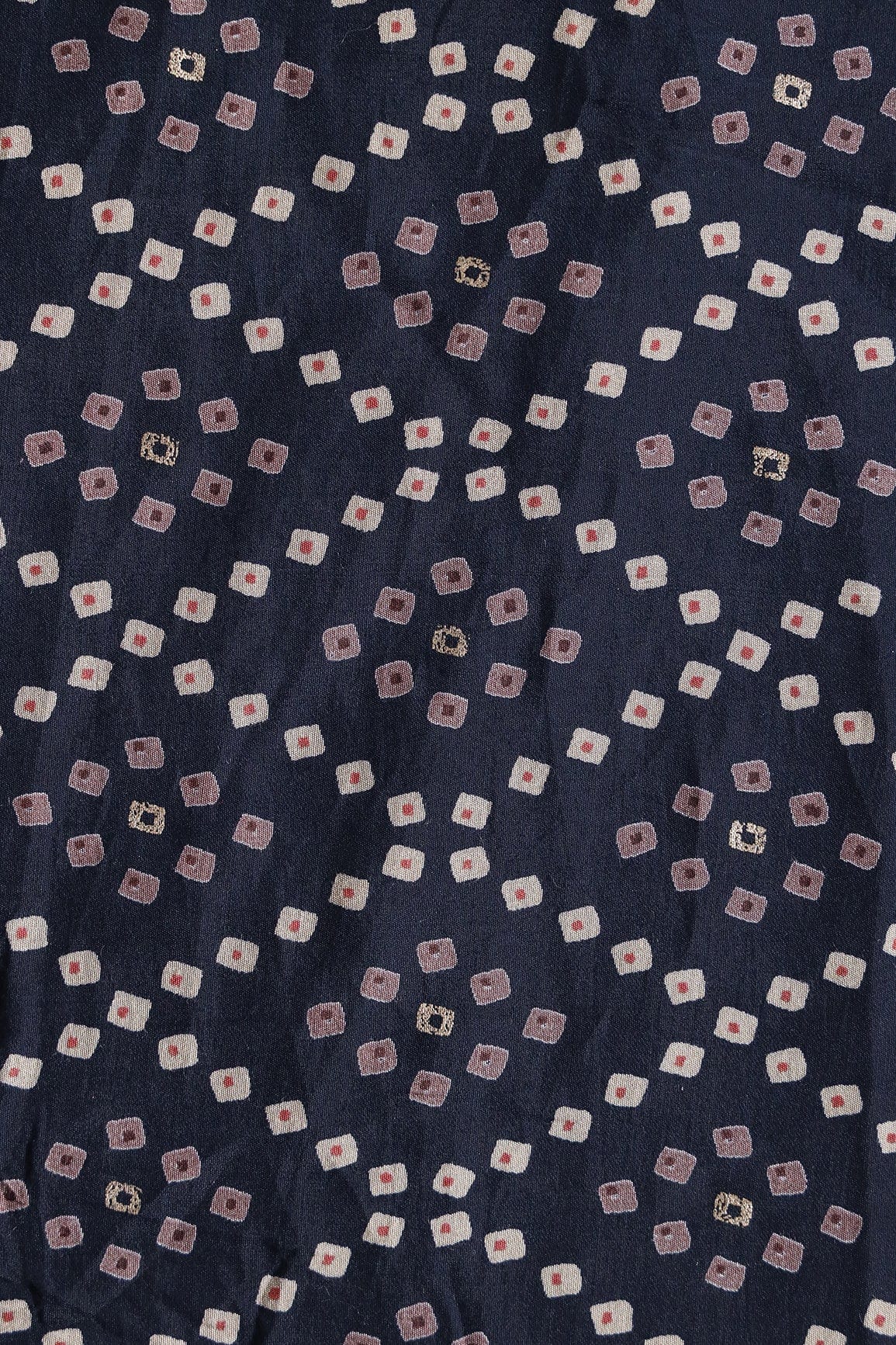 doeraa Prints Navy Blue Bandhani Pattern Foil Screen Print On Chanderi Silk Fabric