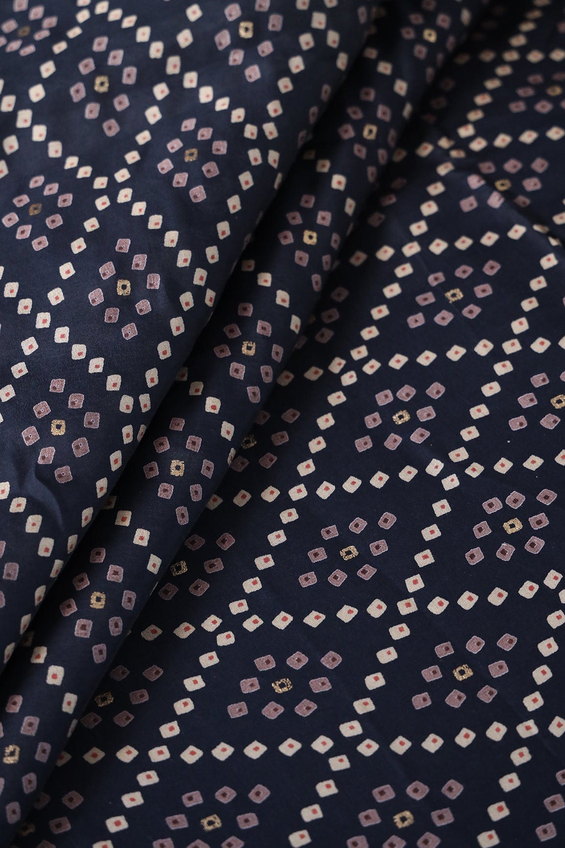 doeraa Prints Navy Blue Bandhani Pattern Foil Screen Print On Chanderi Silk Fabric