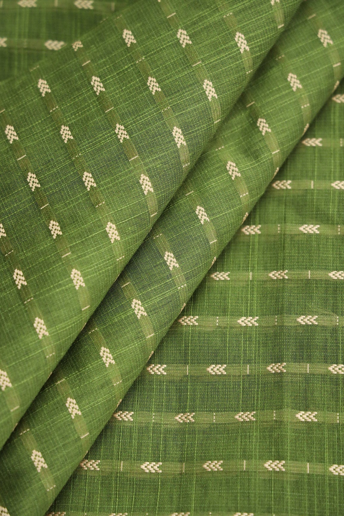 doeraa Prints Olive Green And Beige Geometric Pattern Handwoven Two Tone Chanderi Silk Fabric