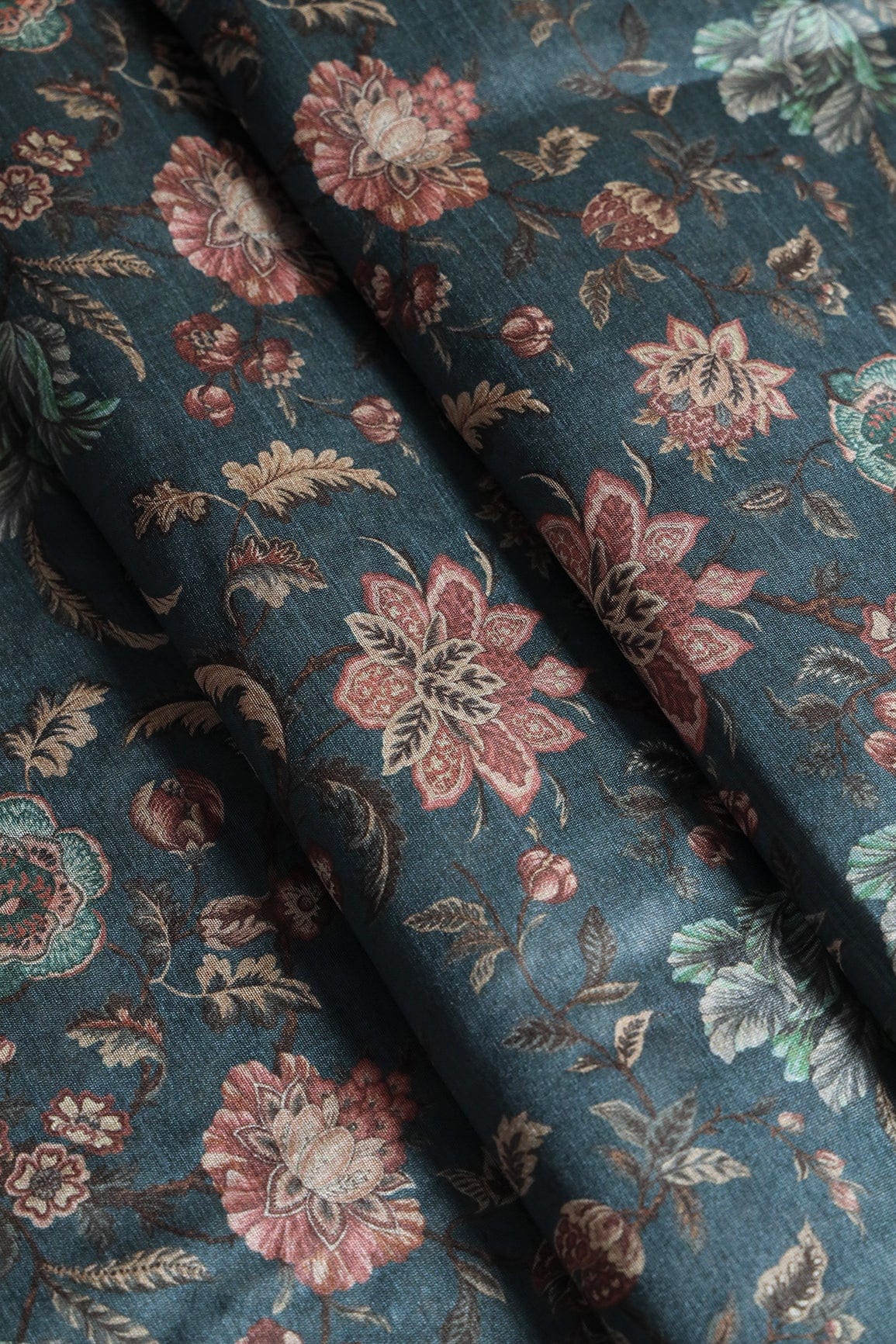 doeraa Prints Pink Floral Pattern Digital Print On Air Force Blue Mulberry Silk Fabric