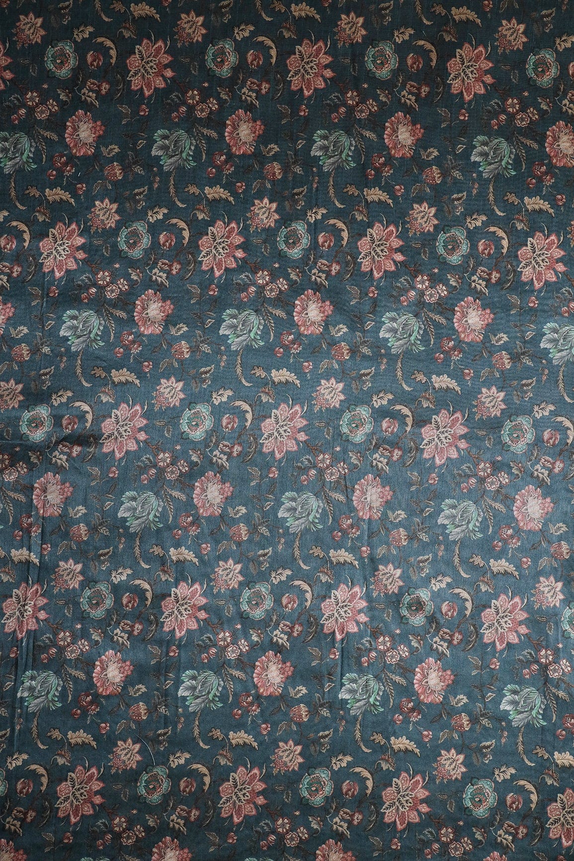 doeraa Prints Pink Floral Pattern Digital Print On Air Force Blue Mulberry Silk Fabric