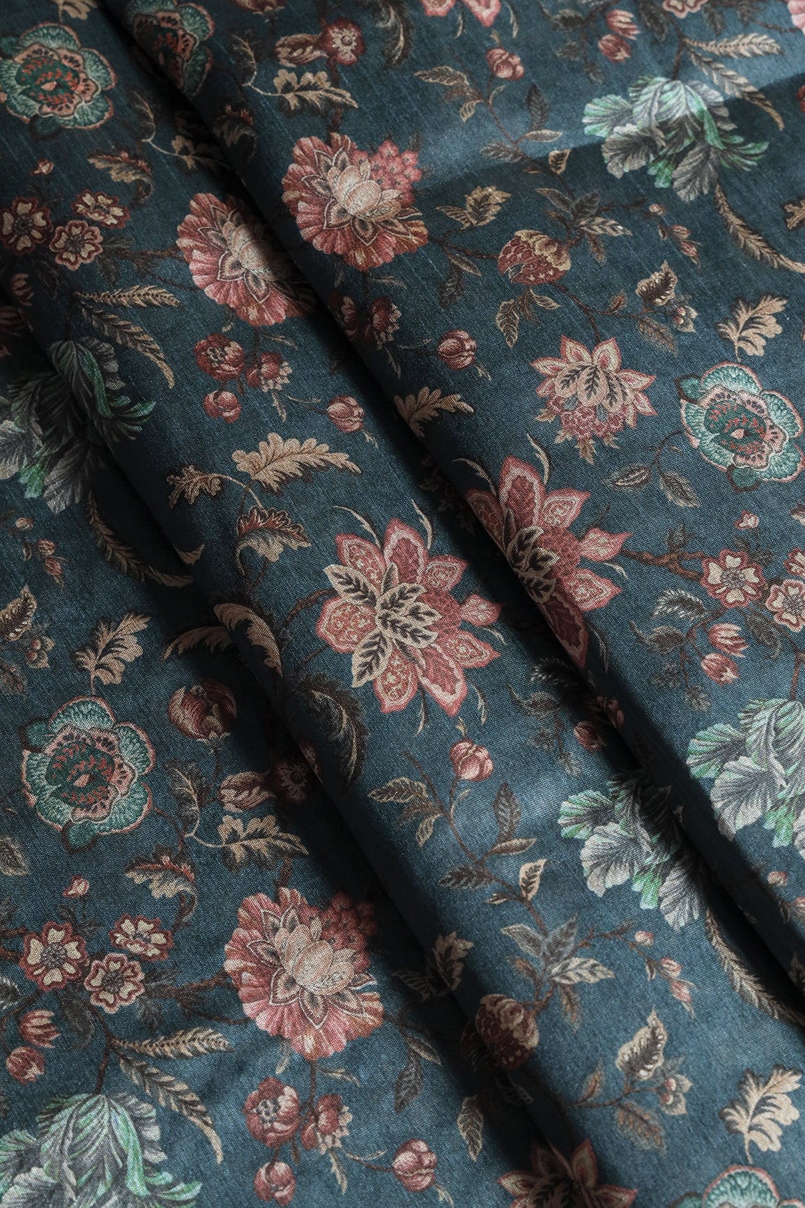 doeraa Prints Pink Floral Pattern Digital Print On Air Force Blue Mulberry Silk Fabric