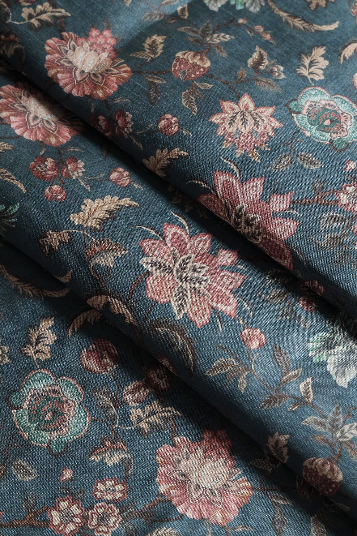 doeraa Prints Pink Floral Pattern Digital Print On Air Force Blue Mulberry Silk Fabric