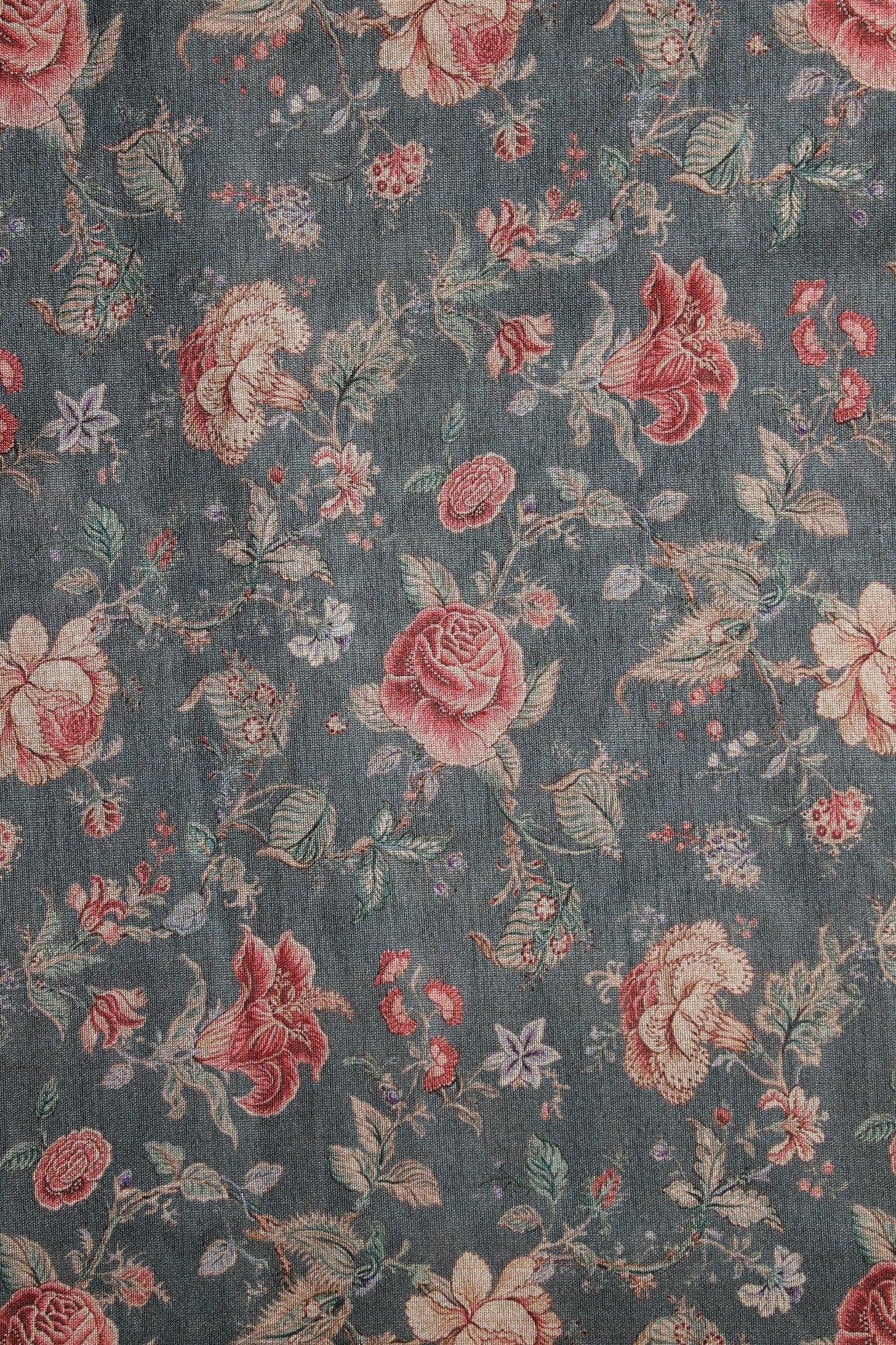 doeraa Prints Red and Yellow Floral Pattern Digital Print On Grey Mulberry Silk Fabric