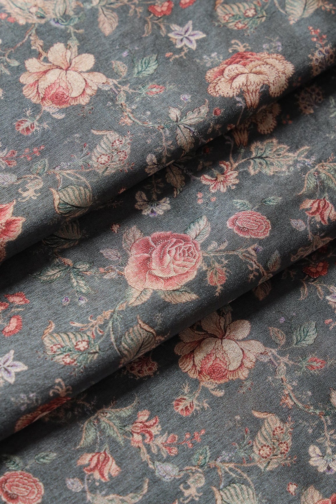 doeraa Prints Red and Yellow Floral Pattern Digital Print On Grey Mulberry Silk Fabric