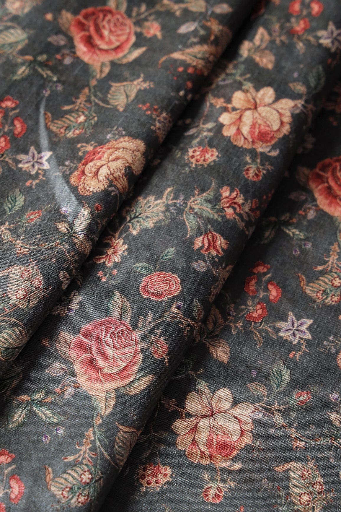 doeraa Prints Red and Yellow Floral Pattern Digital Print On Grey Mulberry Silk Fabric