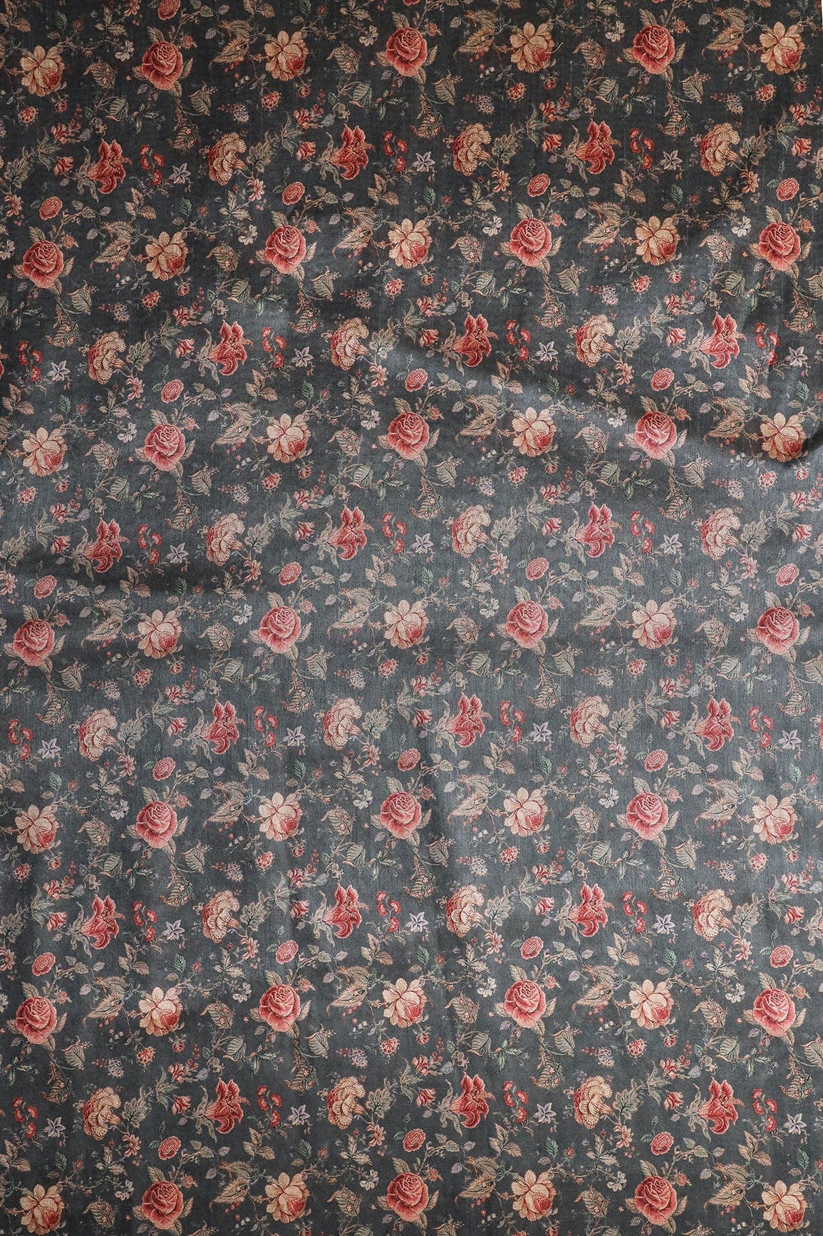 doeraa Prints Red and Yellow Floral Pattern Digital Print On Grey Mulberry Silk Fabric