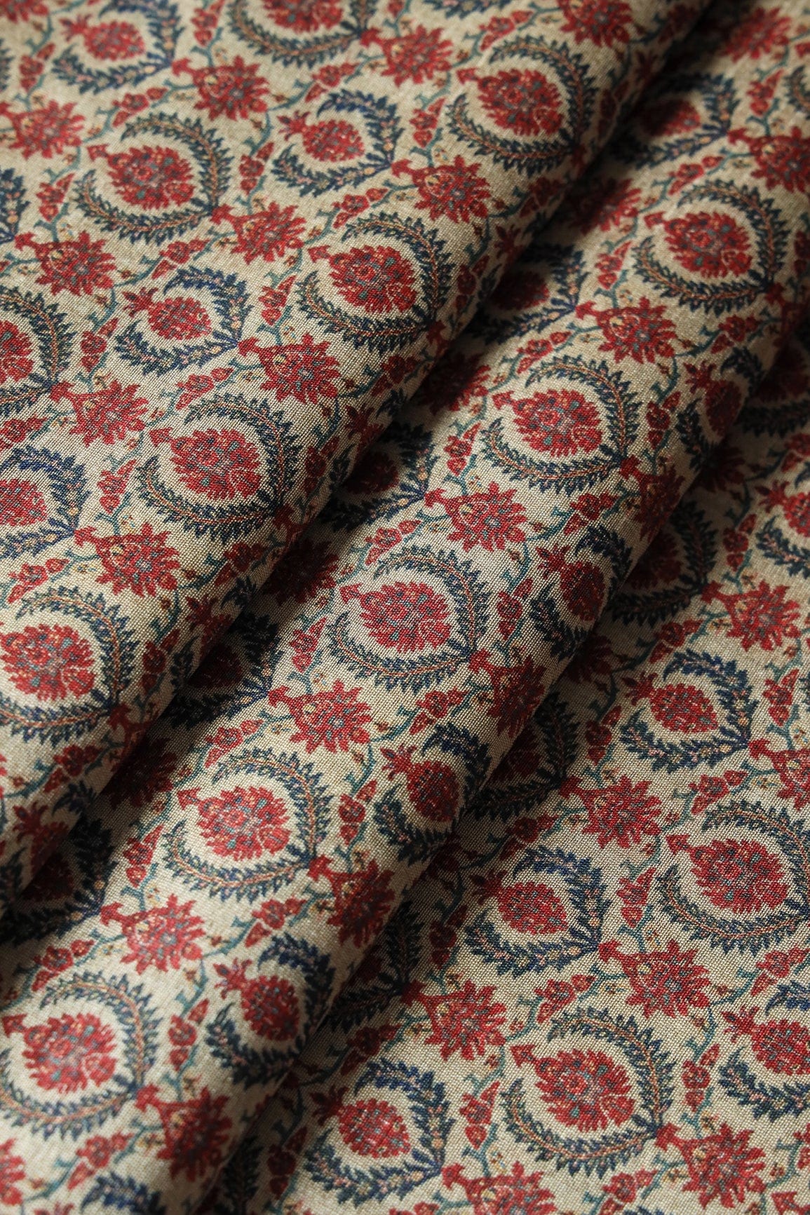 doeraa Prints Red Ethnic Pattern Digital Print On Beige Mulberry Silk Fabric