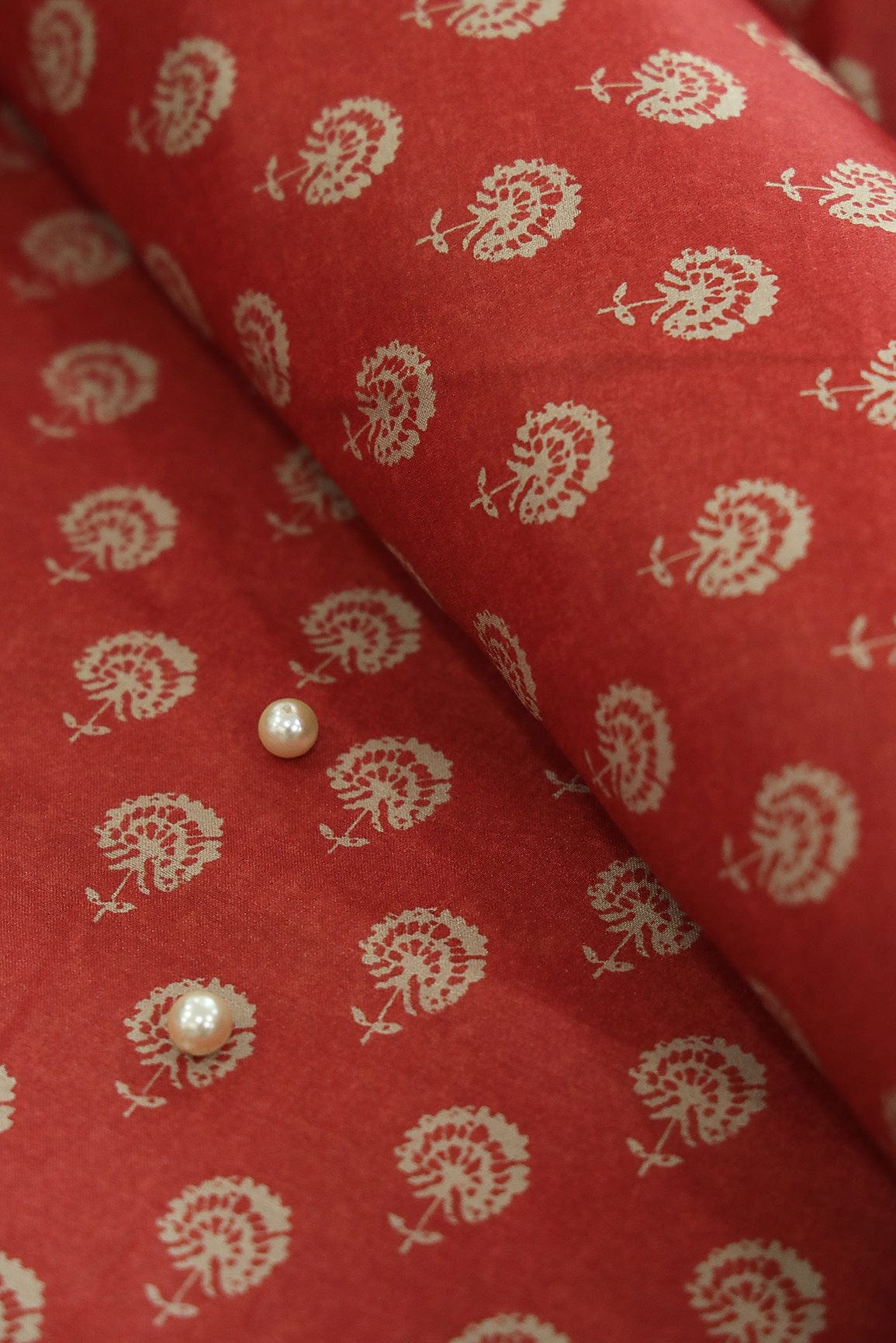doeraa Prints Red Motif Digital Print on Tussar Satin Fabric
