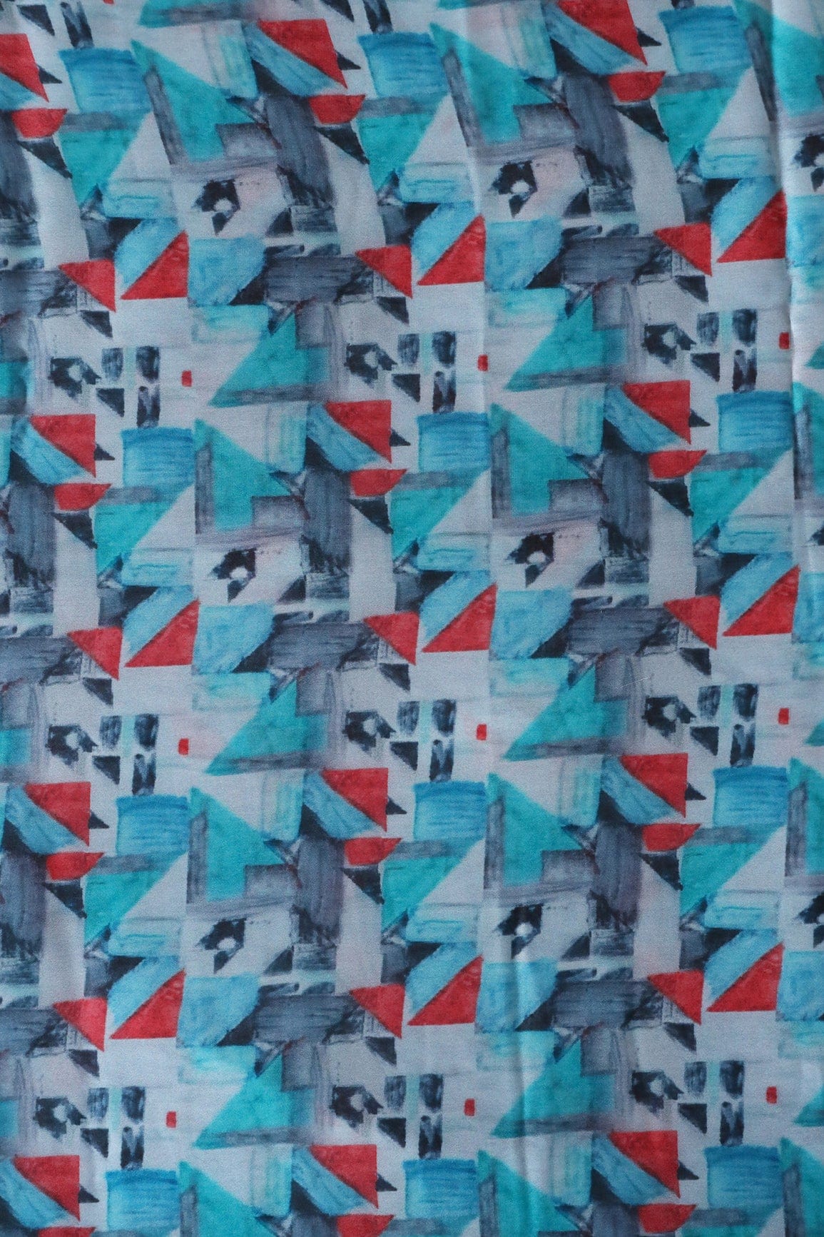 doeraa Prints Sky Blue And Red Geometric Pattern Digital Print On Georgette Satin Fabric