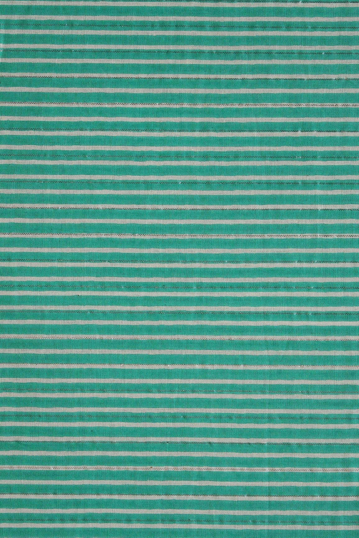 doeraa Prints Teal And White Stripes Pattern Screen Print Lurex Cotton Fabric