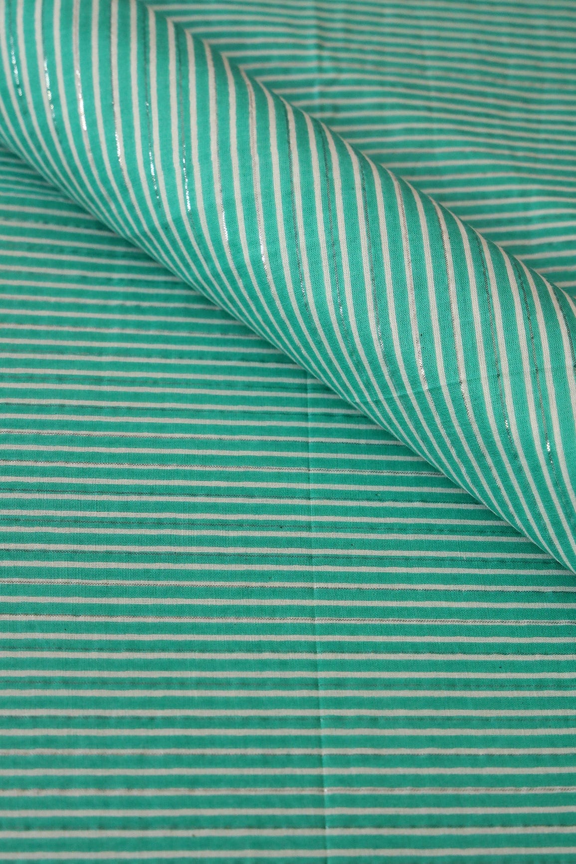 doeraa Prints Teal And White Stripes Pattern Screen Print Lurex Cotton Fabric