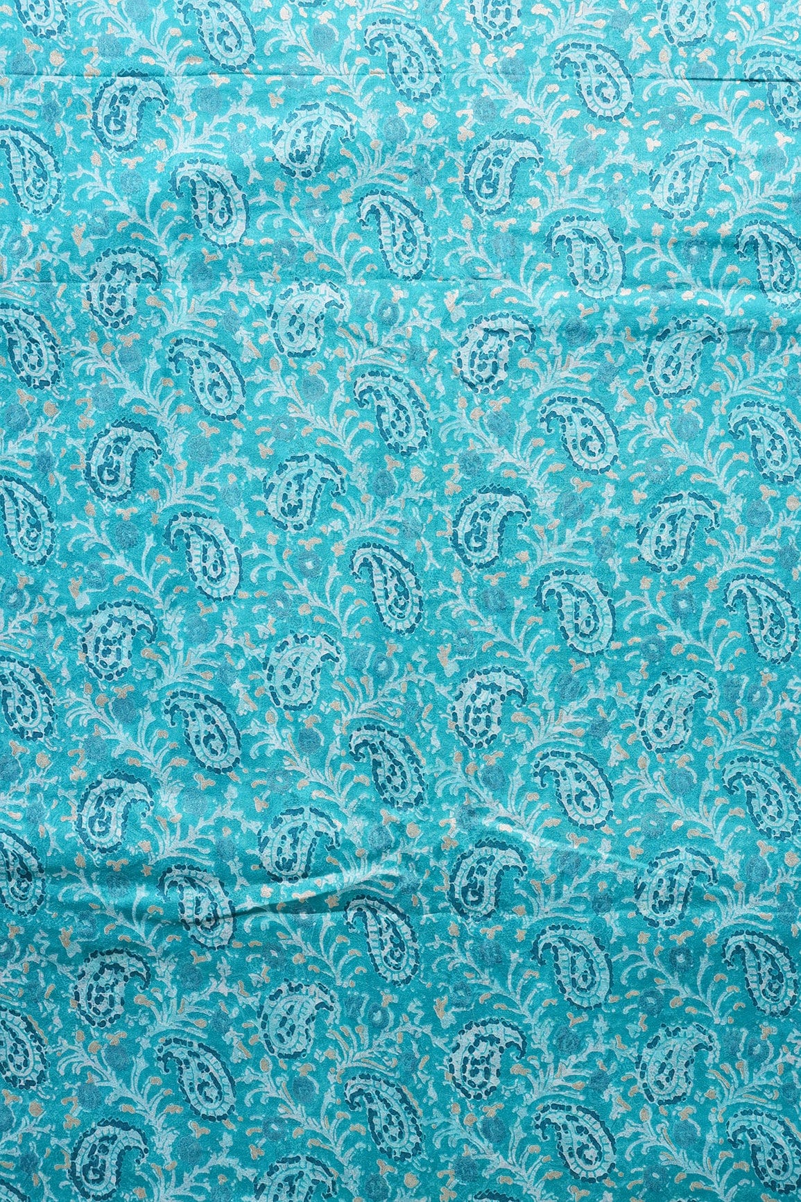 doeraa Prints Turquoise Paisley Pattern With Foil Print On Pure Mul Cotton Fabric