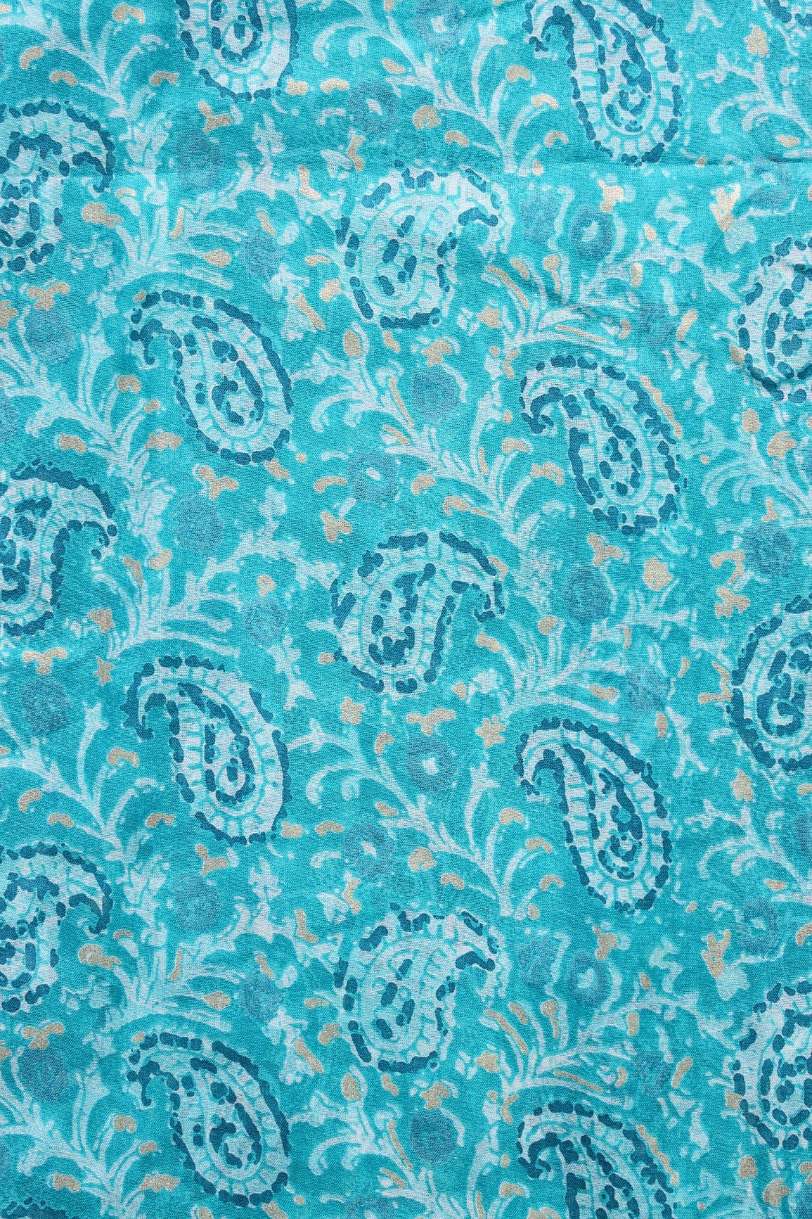 doeraa Prints Turquoise Paisley Pattern With Foil Print On Pure Mul Cotton Fabric