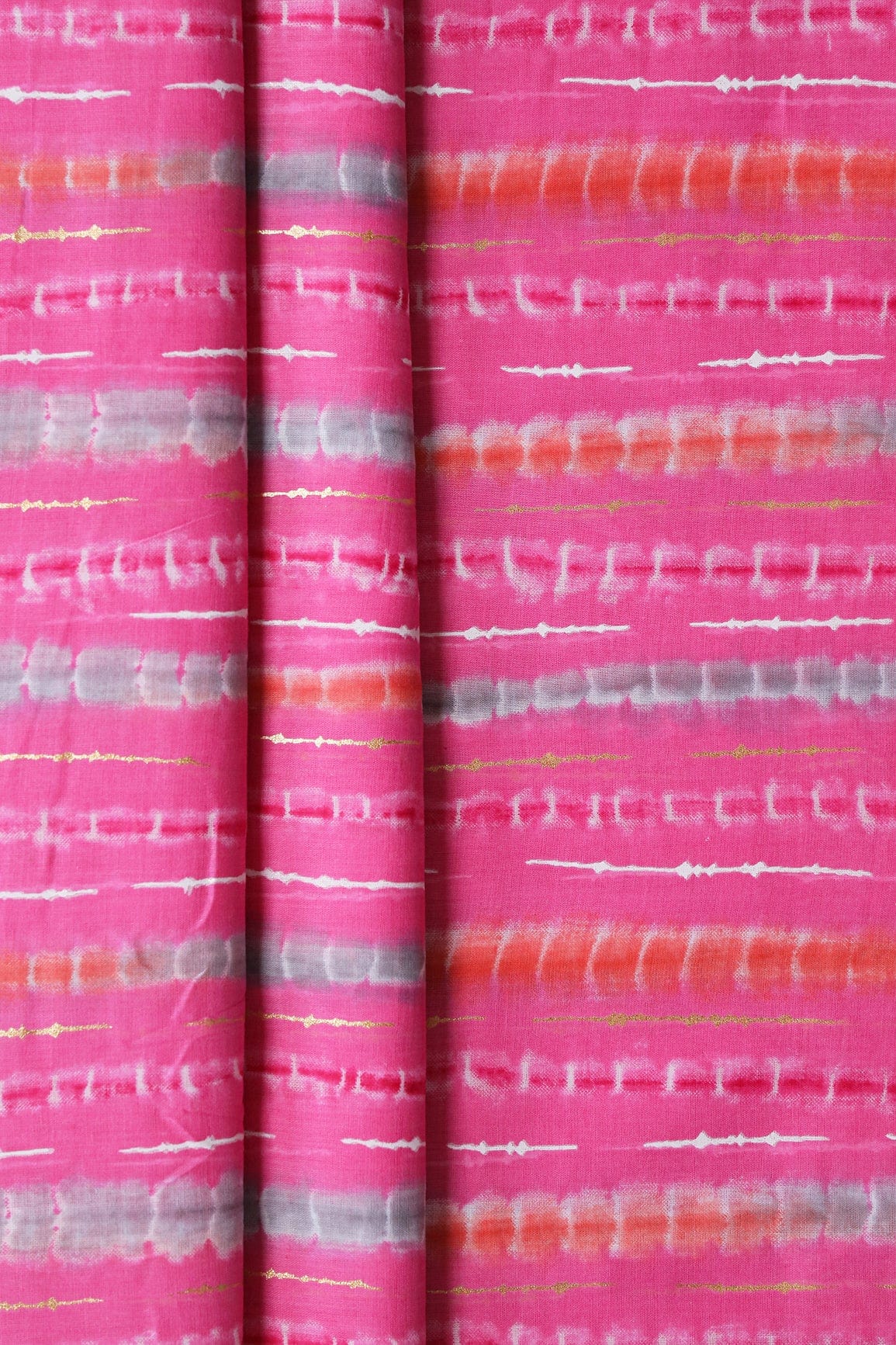 doeraa Prints Ultra Pink And Grey Stripes Pattern With Gold Foil On Pure Mul Cotton Fabric