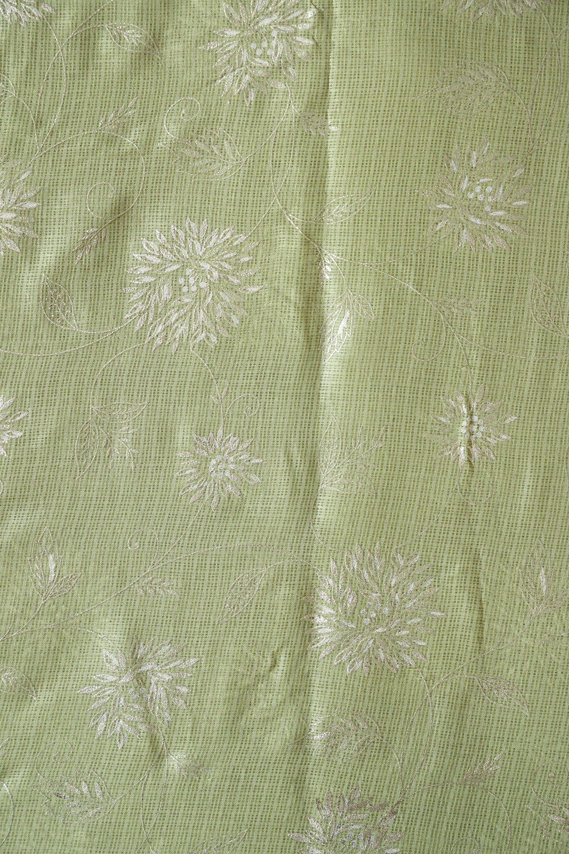 doeraa Prints White And Olive Floral Foil Print Kota Doria Net Fabric