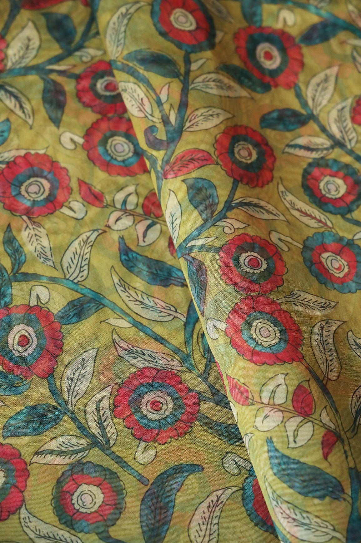 Red And Green Floral Digital Print On Mehendi Green Organza Fabric - doeraa