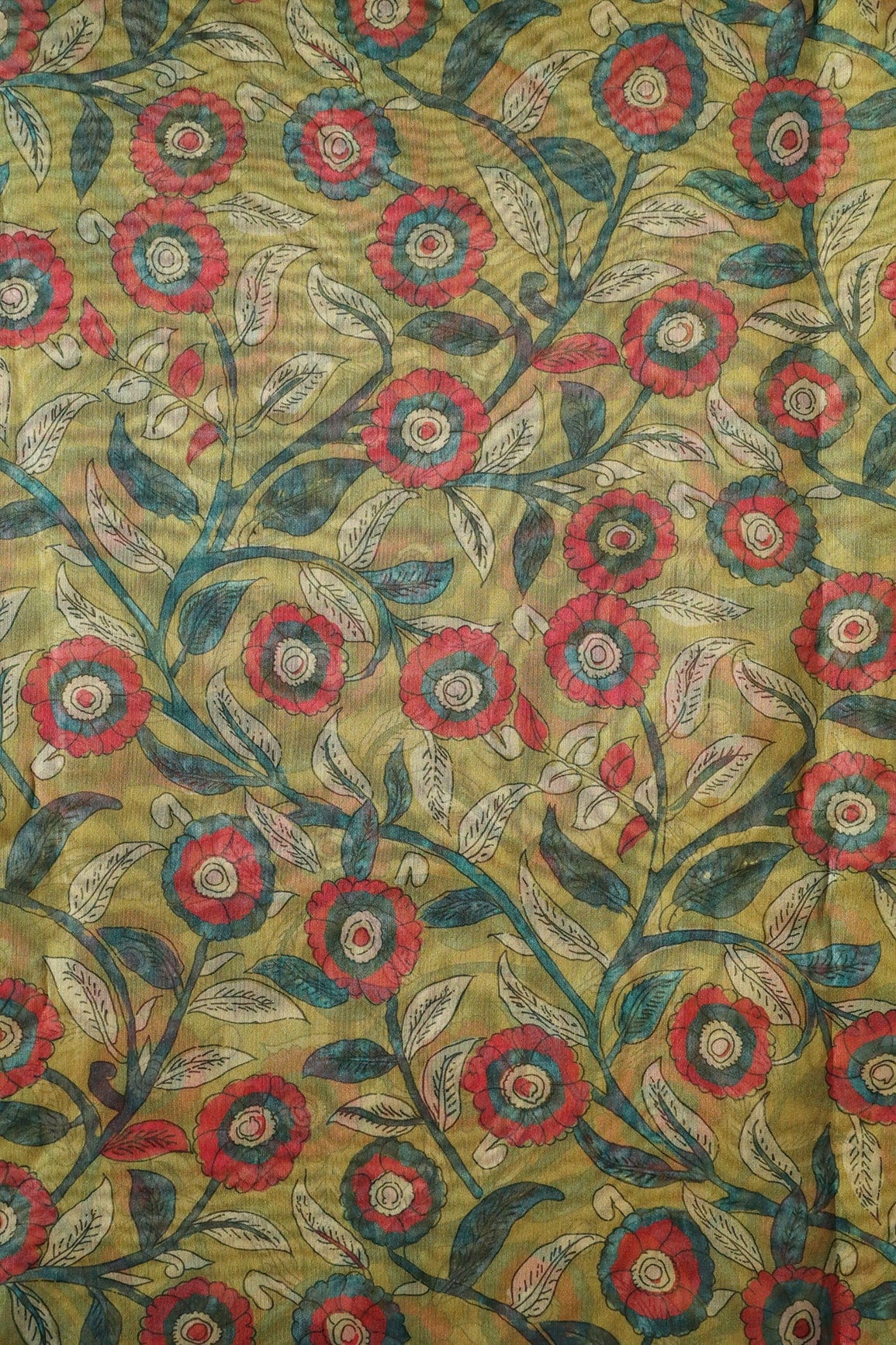 Red And Green Floral Digital Print On Mehendi Green Organza Fabric - doeraa