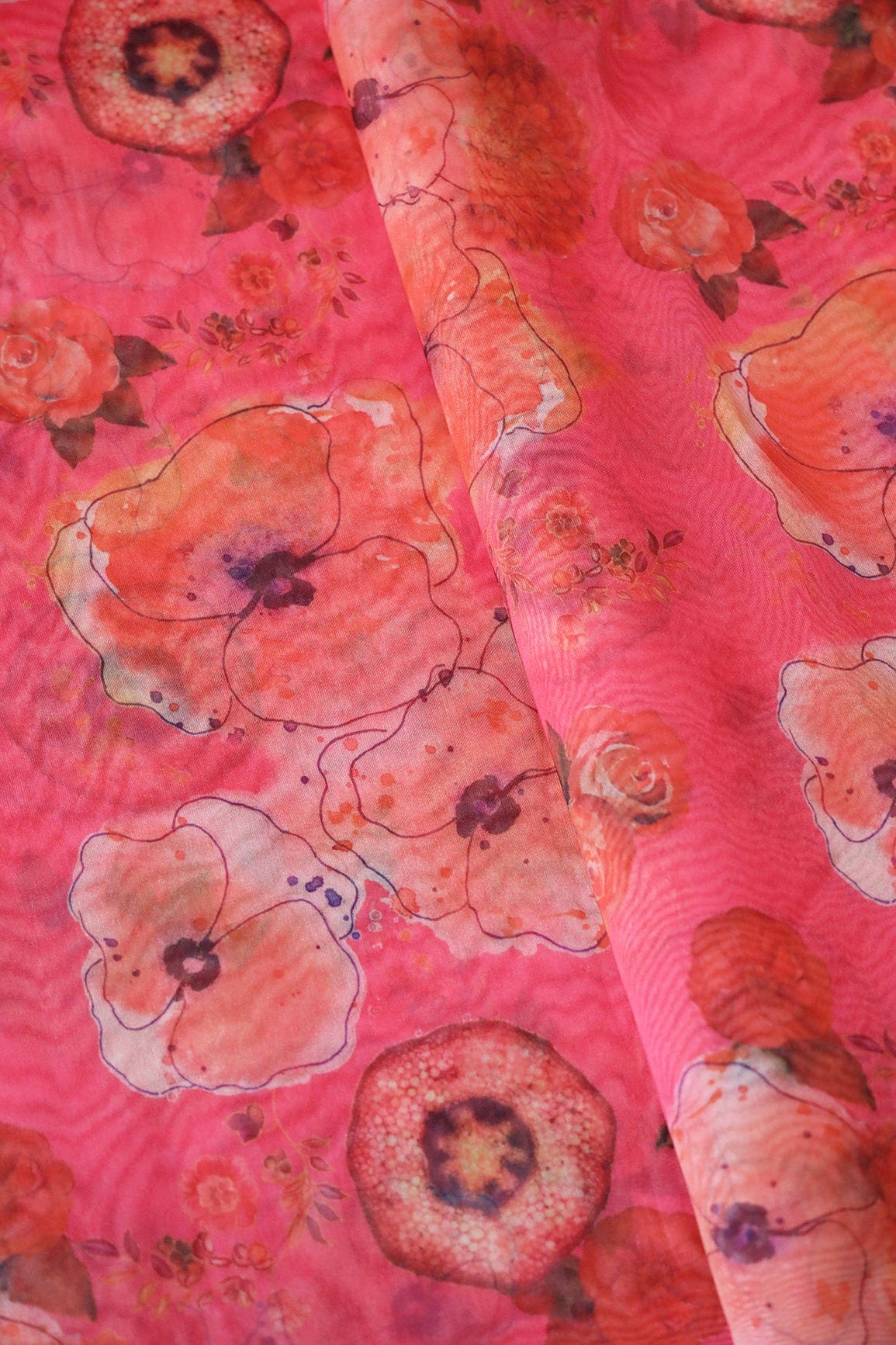 Red Beautiful Floral Digital Print On Dark Pink Organza Fabric - doeraa