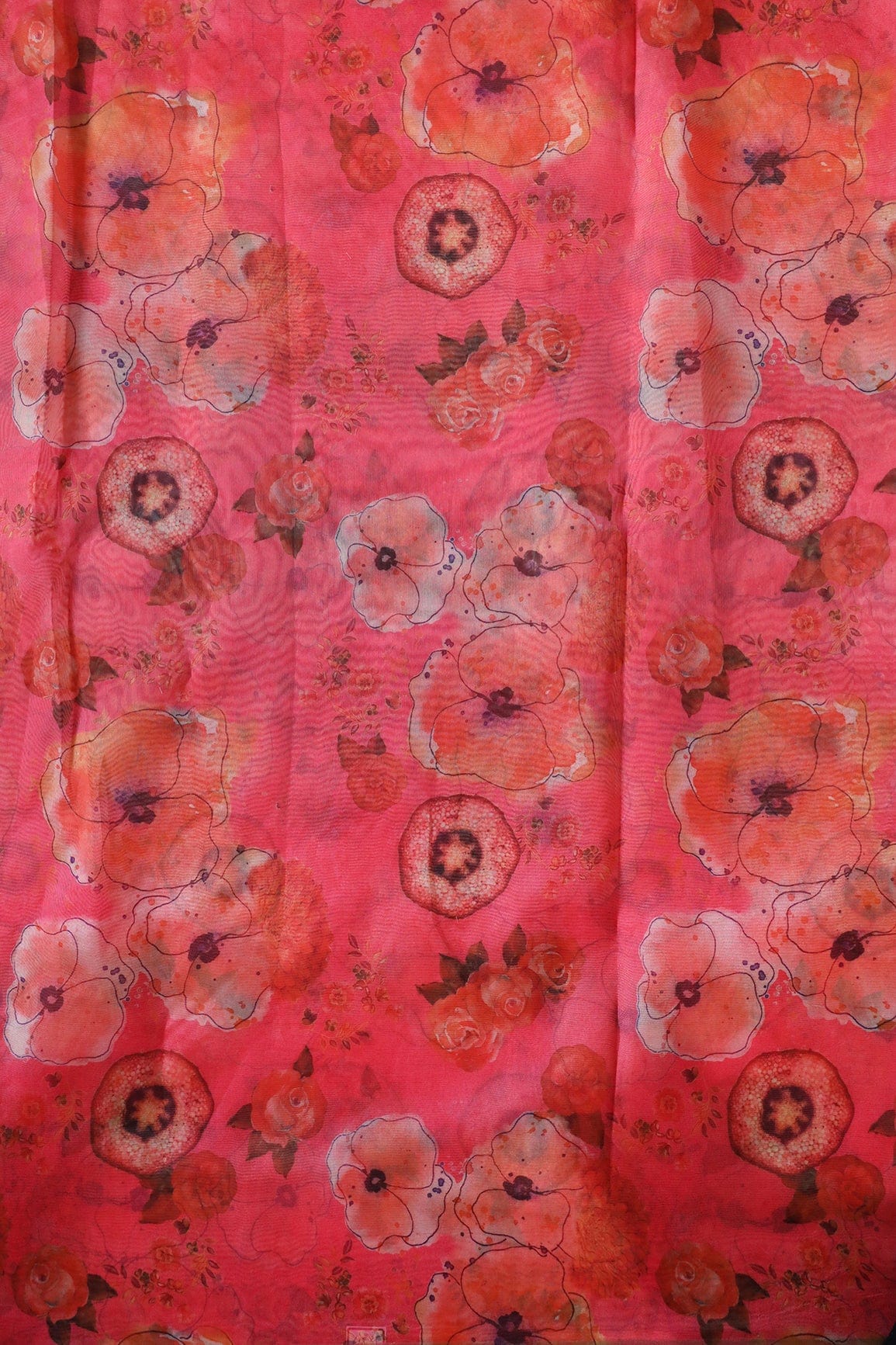Red Beautiful Floral Digital Print On Dark Pink Organza Fabric - doeraa