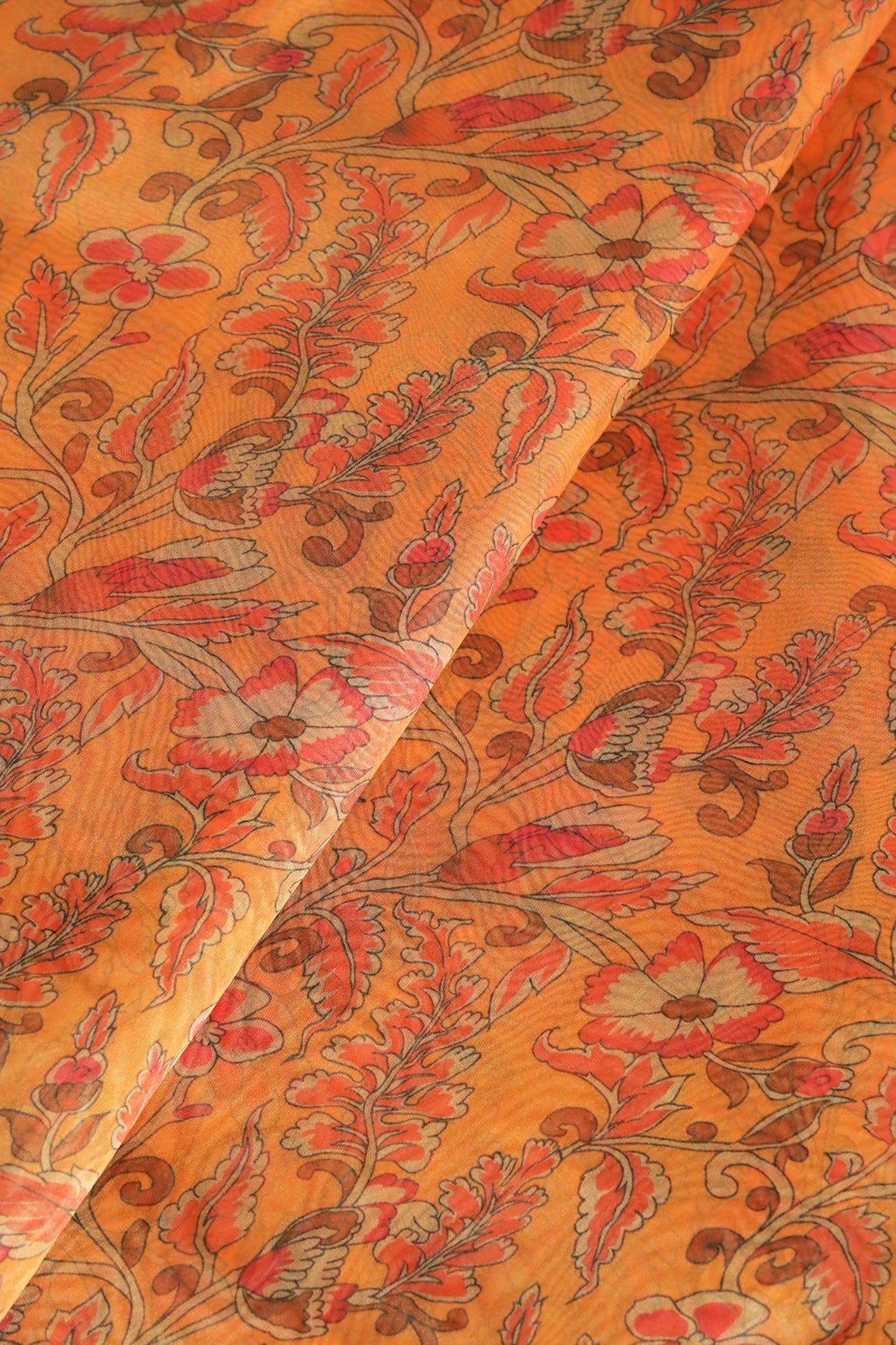 Red Floral Digital Print On Orange Organza Fabric - doeraa