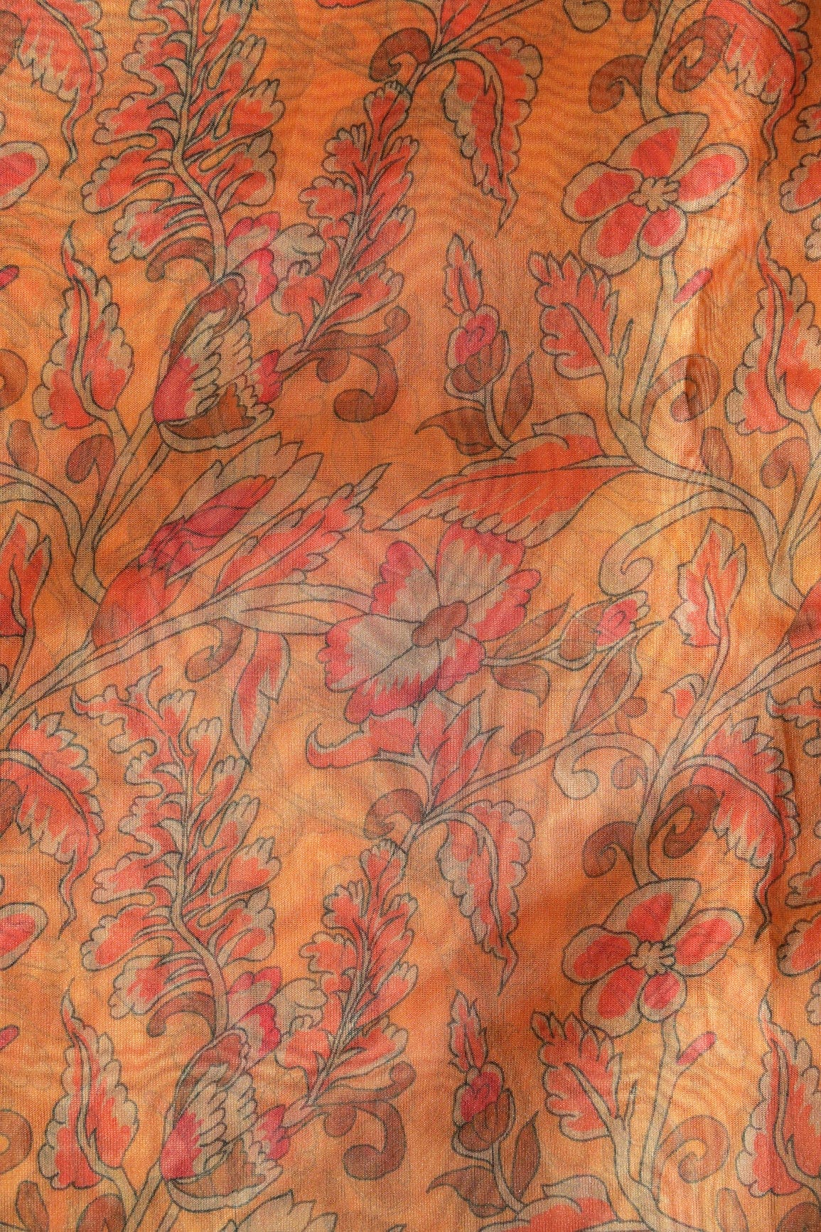 Red Floral Digital Print On Orange Organza Fabric - doeraa