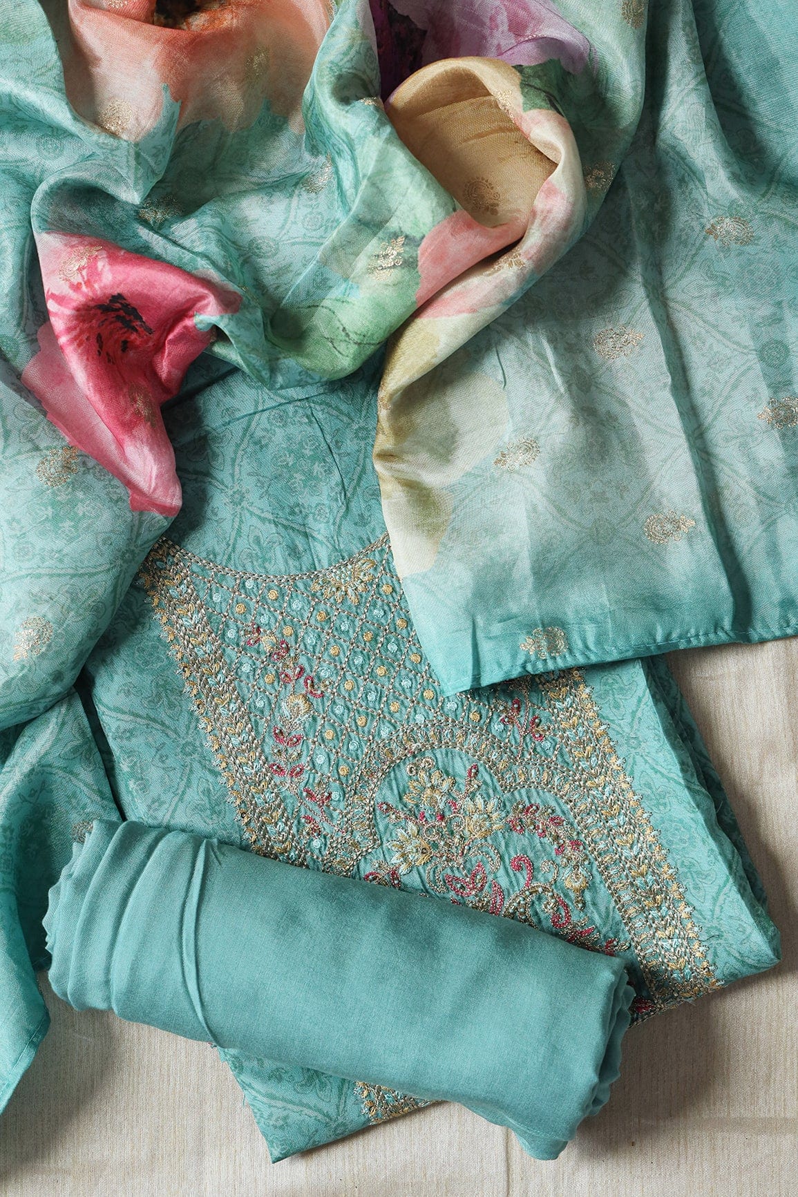 doeraa Semi Stitched Blue Breeze Semi Stitched Pure Dola Silk Suit Set (3 piece)