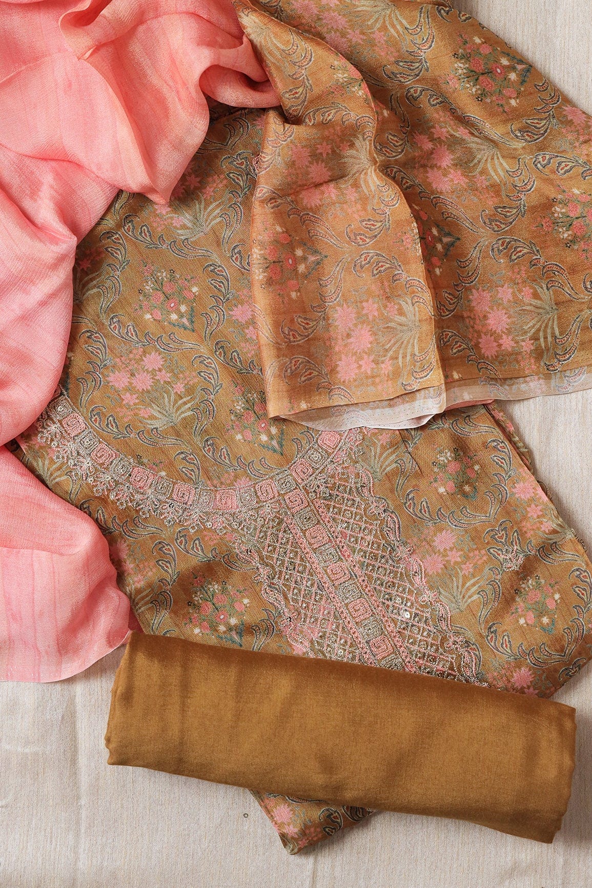 doeraa Semi Stitched Peanut Brown Semi Stitched Pure Chinnon Suit Set (3 piece)