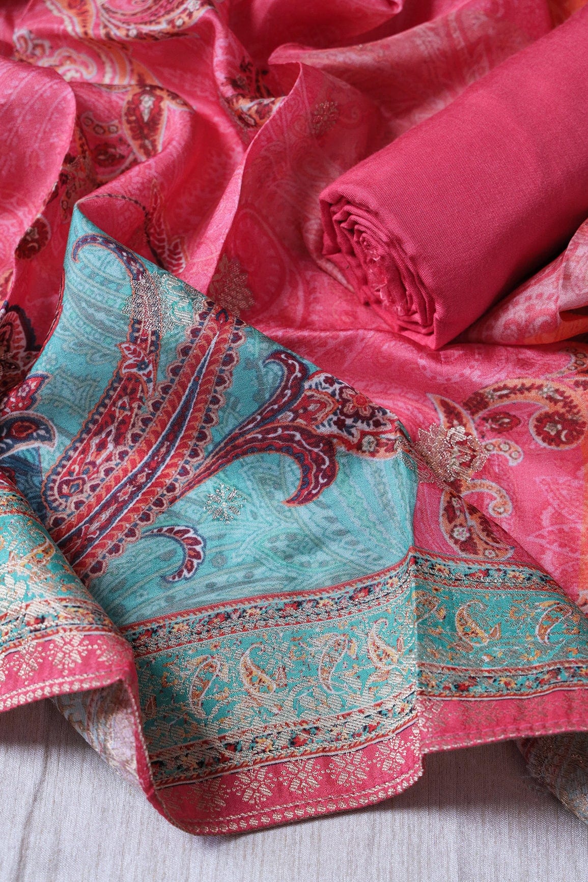 doeraa Semi Stitched Punch Pink Semi Stitched Pure Dola Silk Suit Set (3 piece)