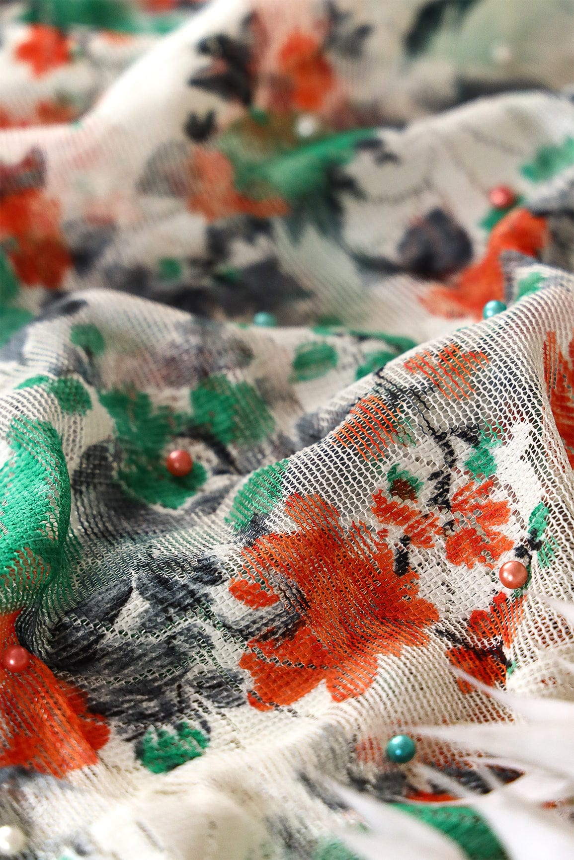 Teal And Orange Floral Digital Print With Pearls On Net Fabric - doeraa