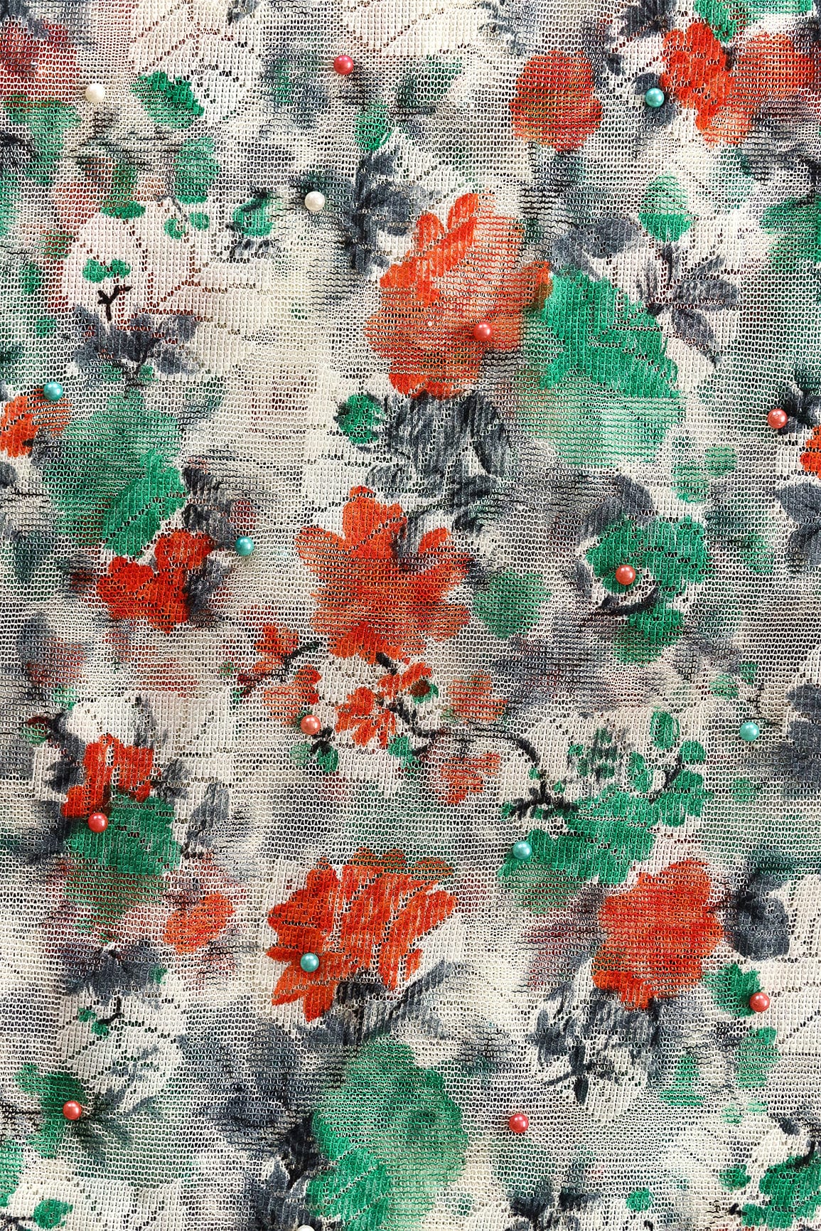 Teal And Orange Floral Digital Print With Pearls On Net Fabric - doeraa