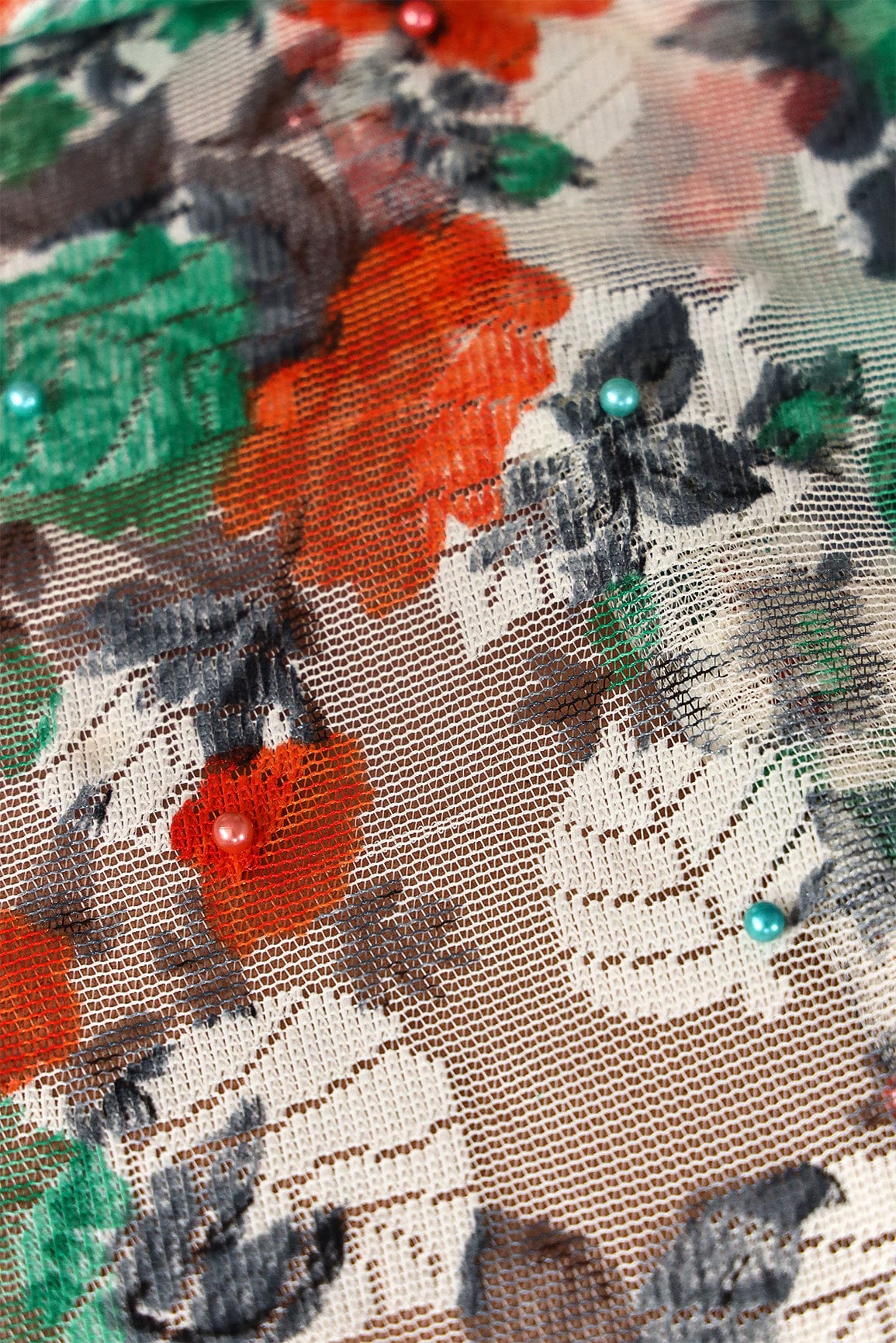 Teal And Orange Floral Digital Print With Pearls On Net Fabric - doeraa