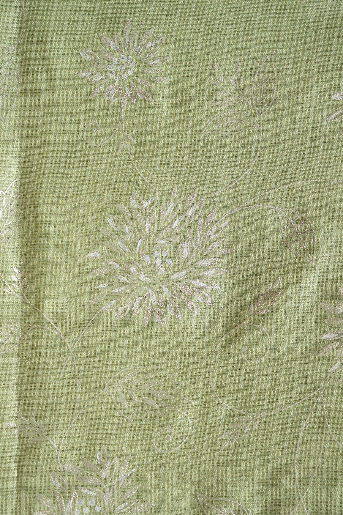 White And Olive Floral Foil Print Kota Doria Net Fabric - doeraa