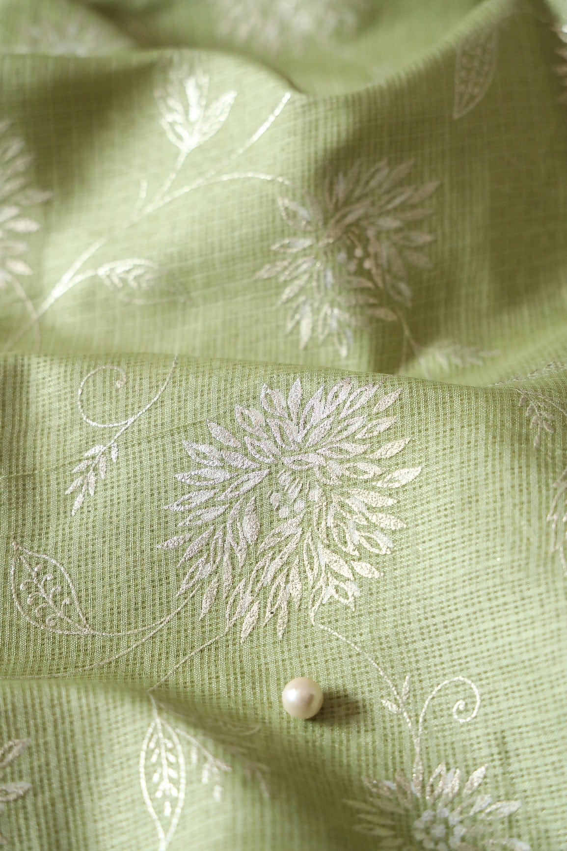White And Olive Floral Foil Print Kota Doria Net Fabric - doeraa