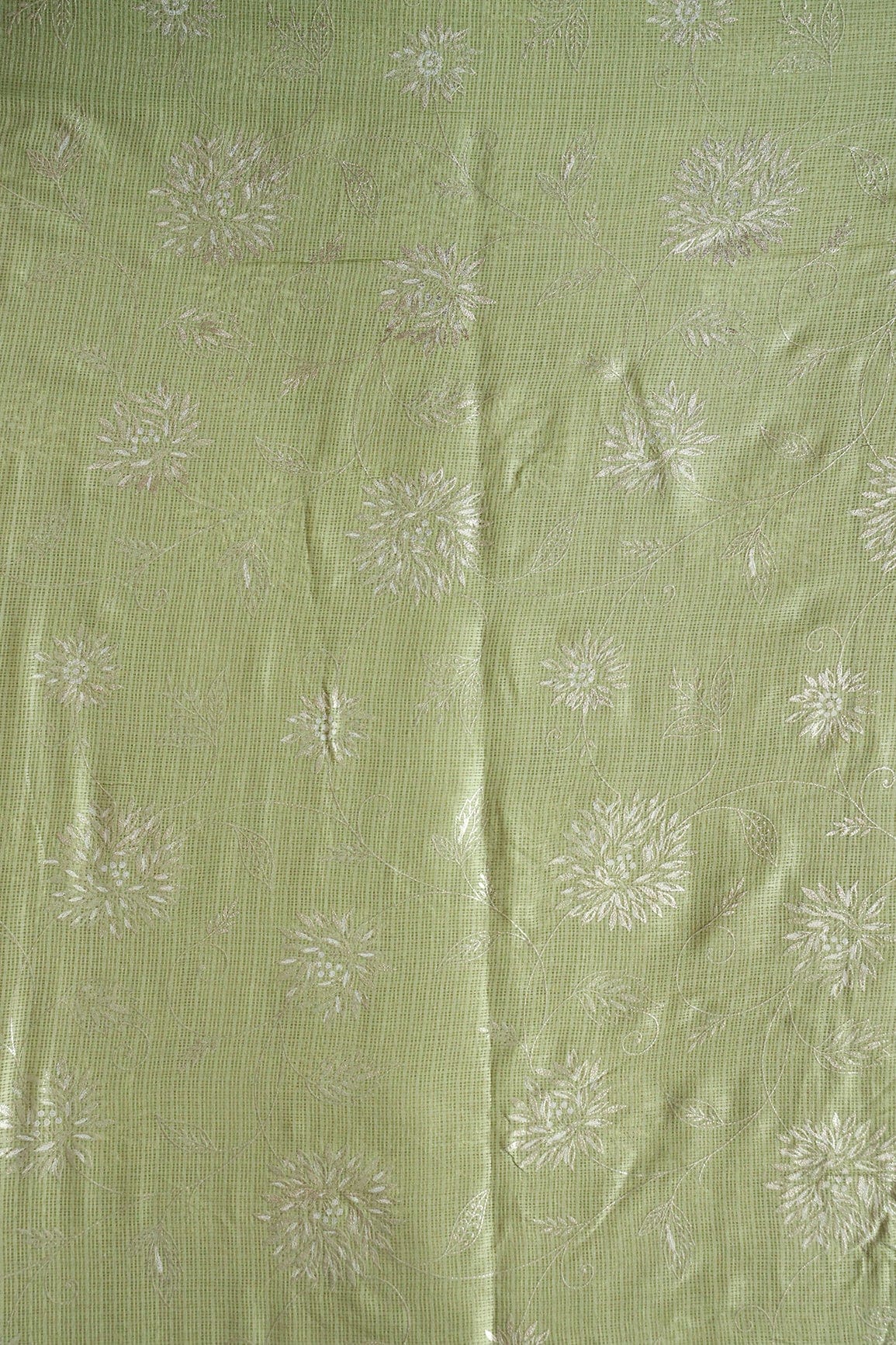 White And Olive Floral Foil Print Kota Doria Net Fabric - doeraa